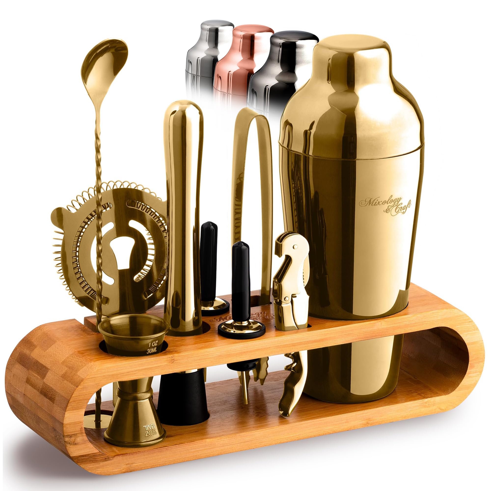 Mixology & Craft Cocktail Shaker Set: 10-Piece Bartender Kit with Stand | Complete at Home Bar Set with Bar Accessories | Great Housewarming Gift | Leak-Proof Design (Gold)