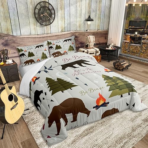 Miniatura 2 de Homewish Juego de edredón Happy Camping, tamaño individual, juego de ropa de cama de pino con oso de caza, para niños, hombres, adultos, decoración