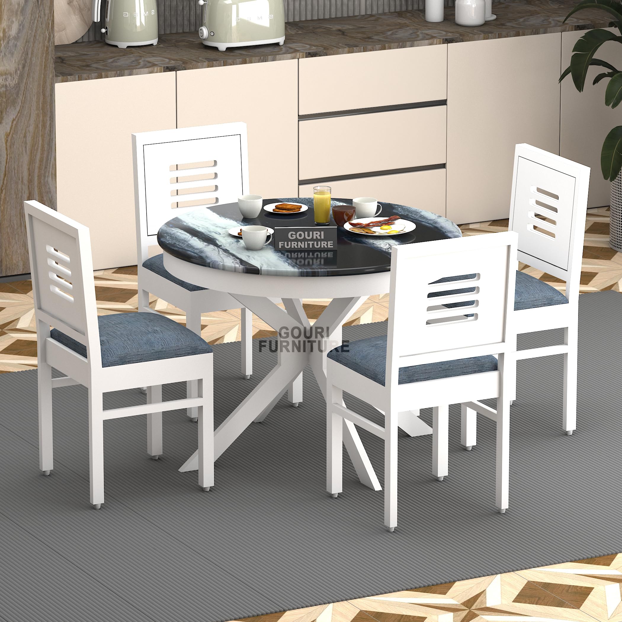 Solid Sheesham Wood 4 Seater Round Dining Table Set with Epoxy Resin Top Finish, Includes 4 Cushioned Chairs, DIY Assembly, White – Ideal for Home, Hotel & Restaurant-image-16