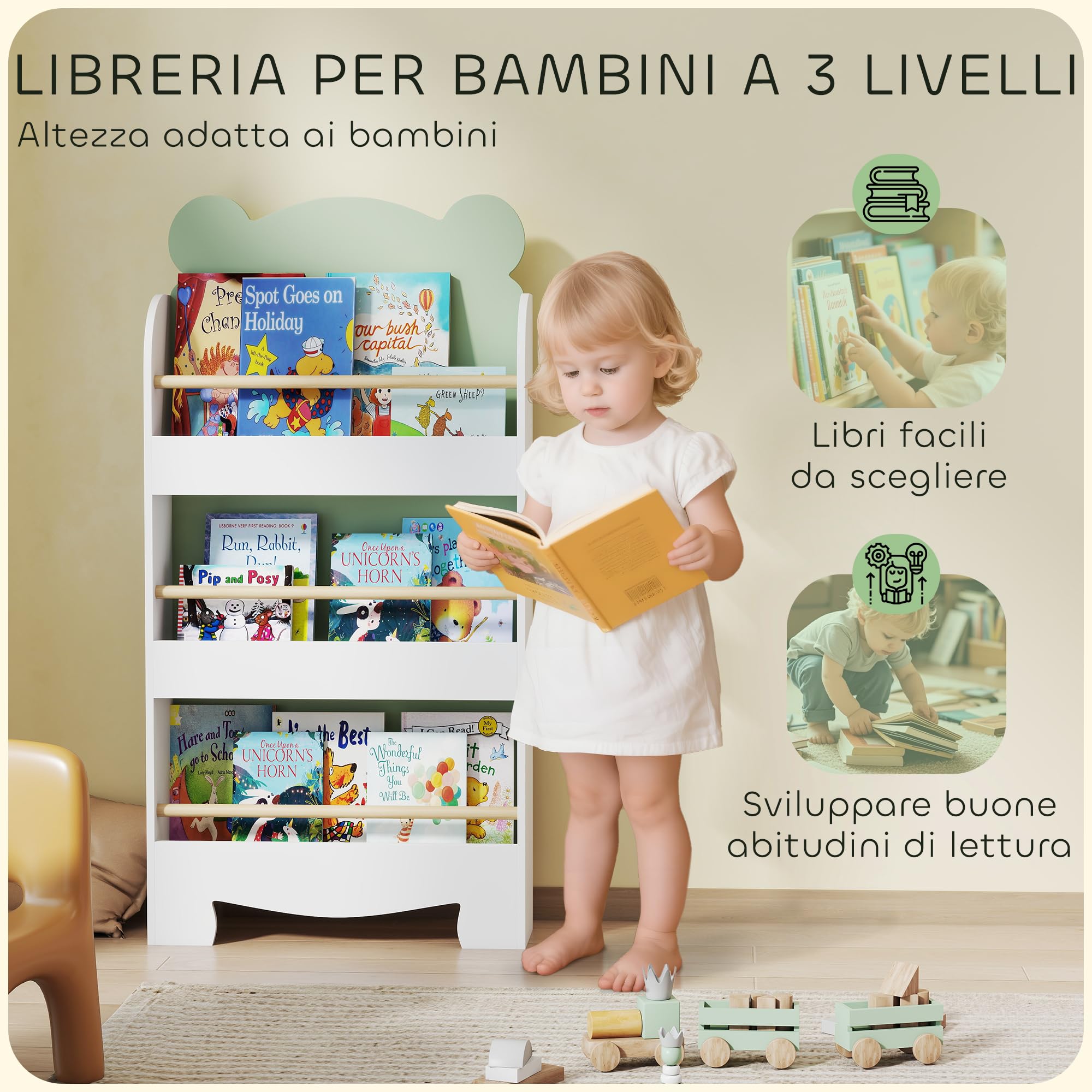 AIYAPLAY Libreria per Bambini a 3 Ripiani, Scaffale Salvaspazio a Forma di Orsetto con Barriere Frontali, per Cameretta e Salotto, 55x15x110 cm, Verde