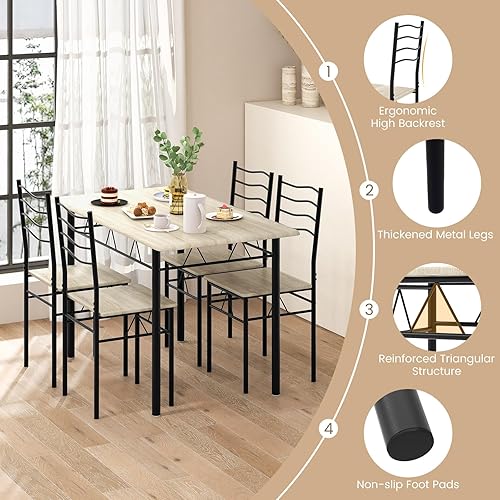 Miniatura 4 de COSTWAY Juego de 4 sillas de mesa de cocina, 5 piezas rectangulares de metal con almohadilla antideslizante, diseño que ahorra espacio, juego