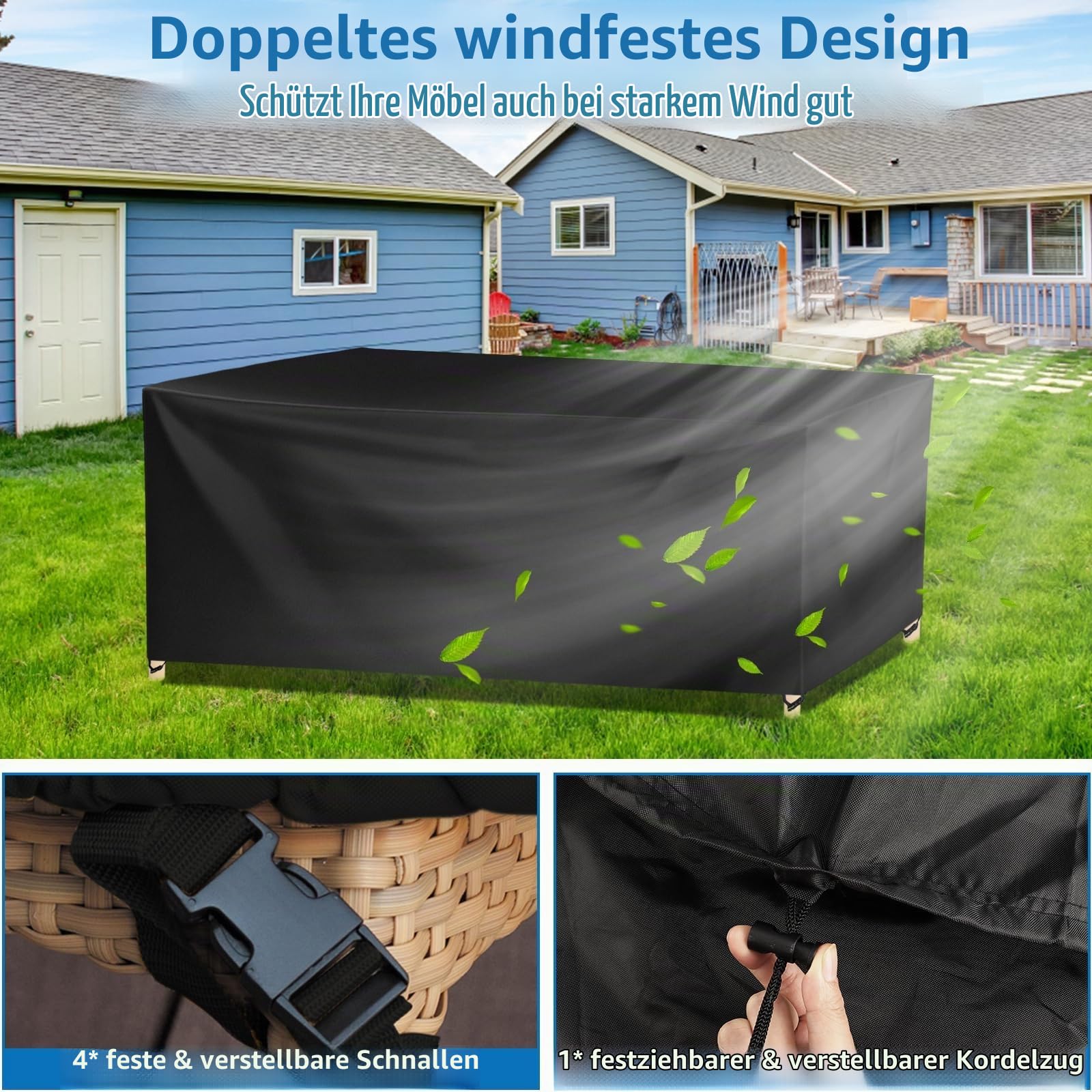 Wanocean Gartenmöbel Abdeckung, Gartentisch Schutzhülle Wasserdicht, 420D Oxford Anti-UV Reißfest Rechteckige Paletten Möbel Abdeckung (350x260x90cm)