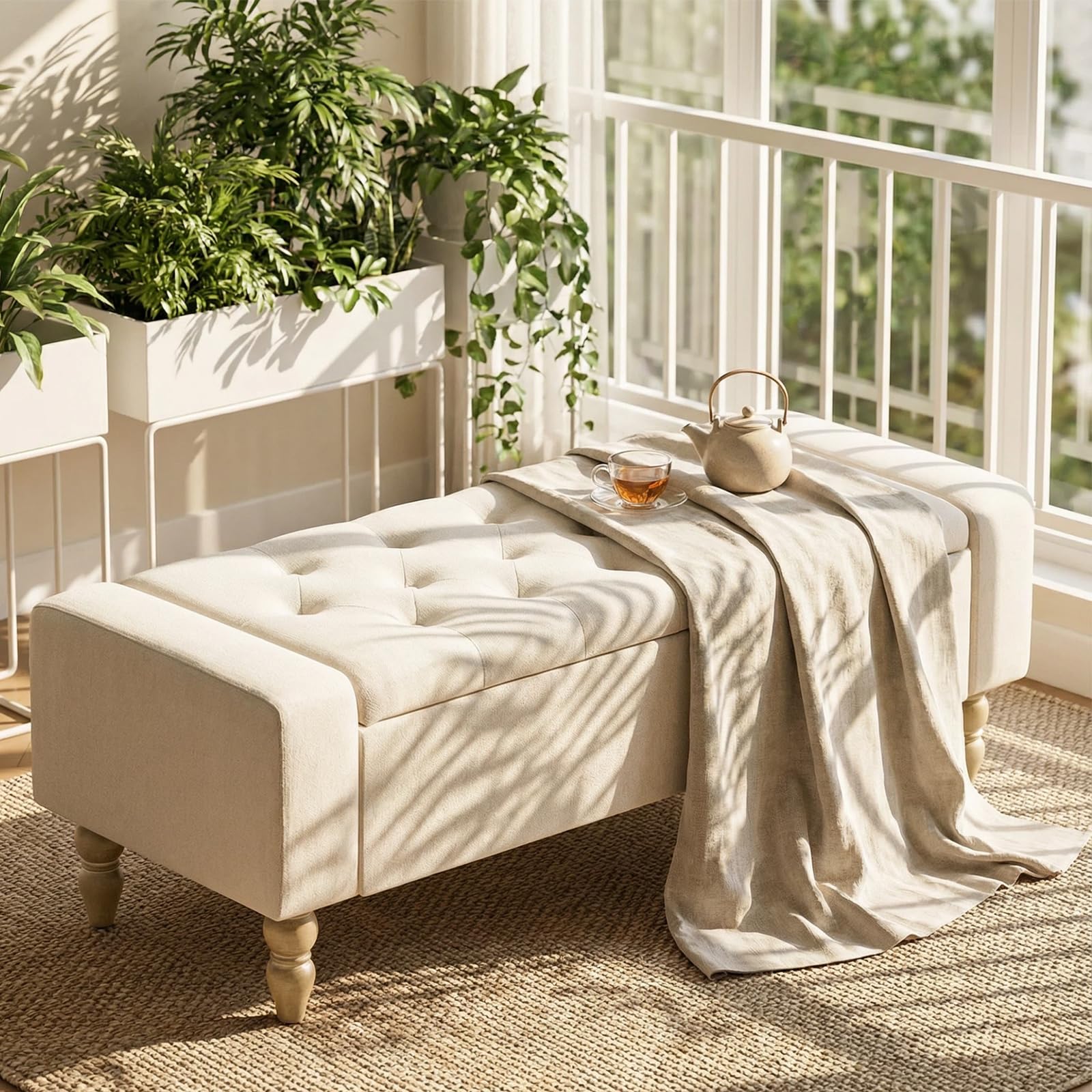 Hellove Banco de Almacenaje con Patas de Madera, 120x45x43 cm, Puff Tapizado con Botones en Tela de Lino, Sin Brazos, Banc Coffre para Salón, Dormitorio o Pie de Cama, Pasillo, de Carga 150 KG Beige