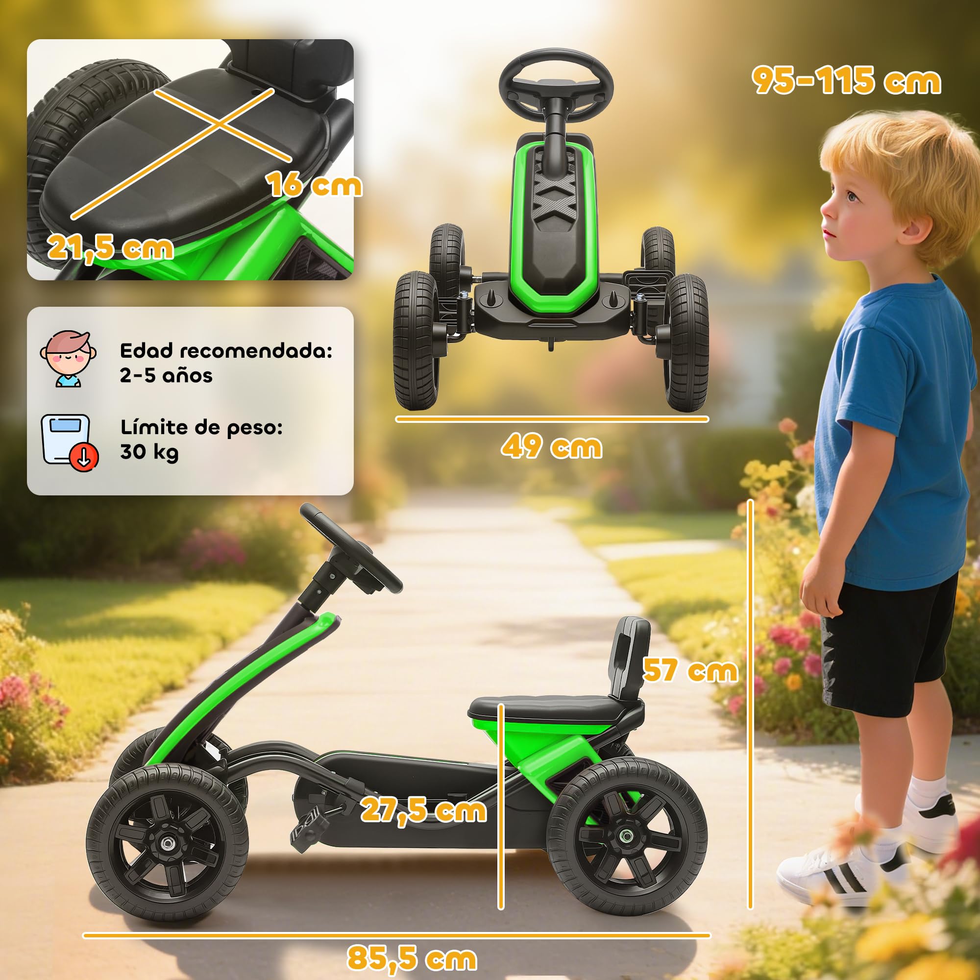 AIYAPLAY Kart Pedales, Go Kart con Ruedas Antideslizantes de EVA, Marco Metálico, Carga 30 kg, para Niños y Niñas de 2-5 Años, Verde
