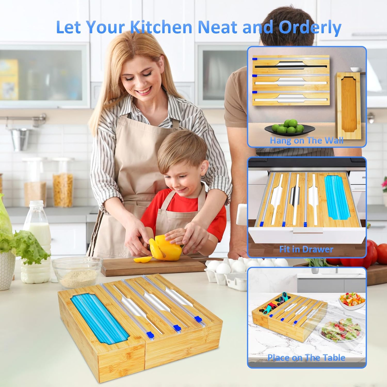 4 in 1 Wrap Organizer with Cutter and Labels, 12" Roll Plastic Wrap, Aluminum Foil, Wax Bamboo Dispenser and Clip Box, for Kitchen Drawer Storage Organization Holder