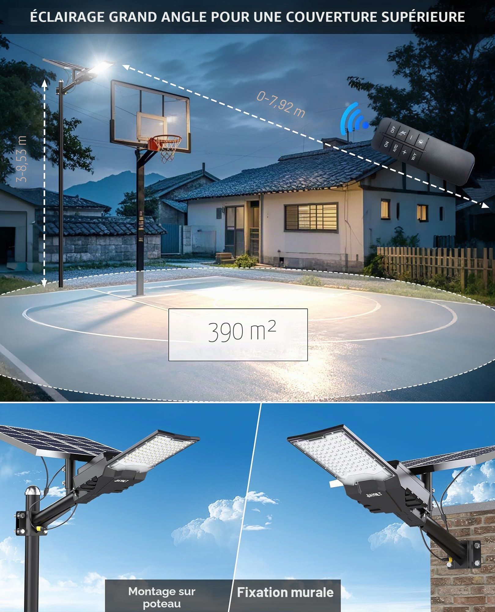 JAYNLT X-18000W Lampadaire Solaire Extérieur Puissant avec Telecommande