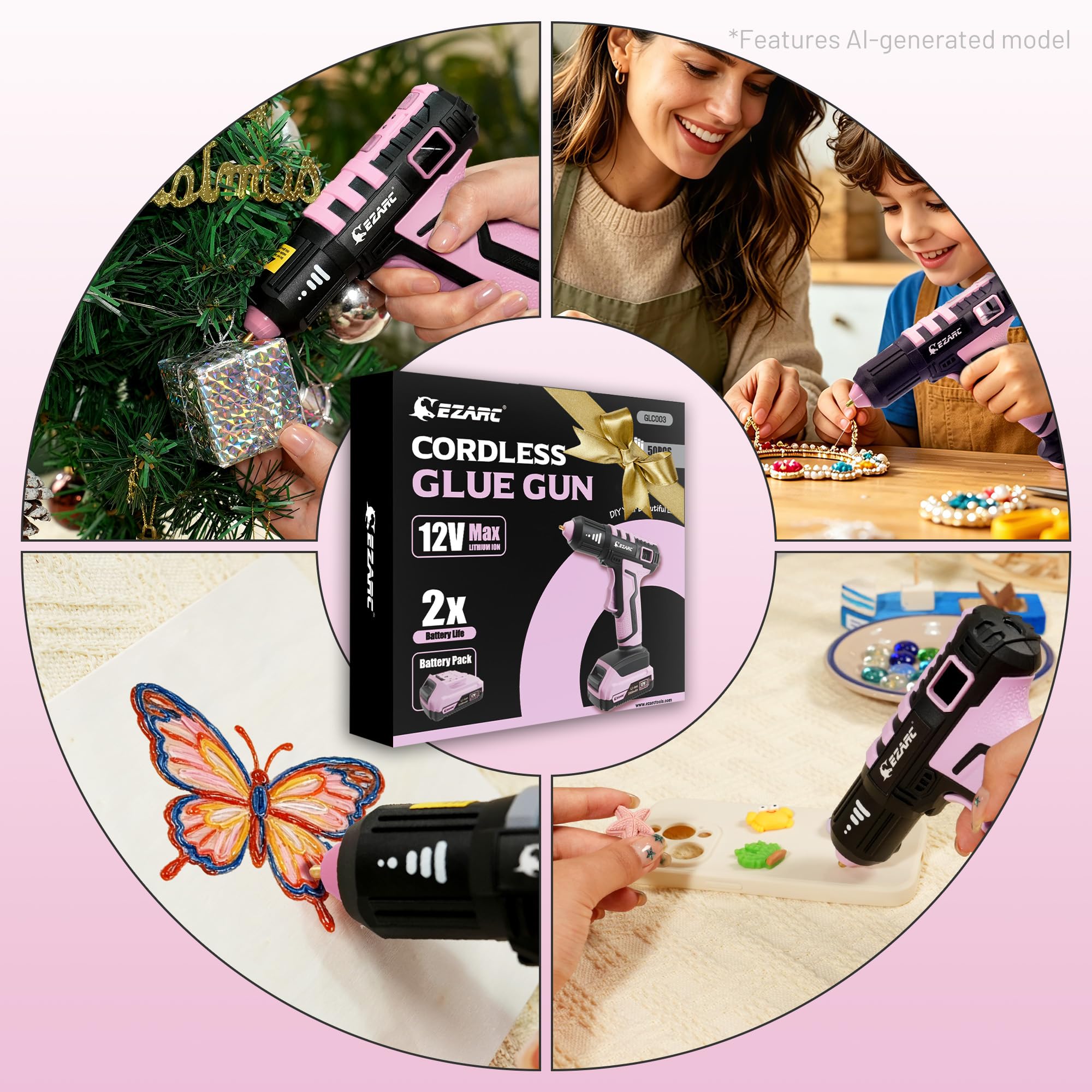 EZARC Pistolet à Colle Sans Fil, Chauffage Rapide 15s, 12V, Mini Pistolet à Colle pour Bricolage, Réparations Maison, Projets Scolaires, Décorations, avec 50 Mini Bâtons de Colle, Rose