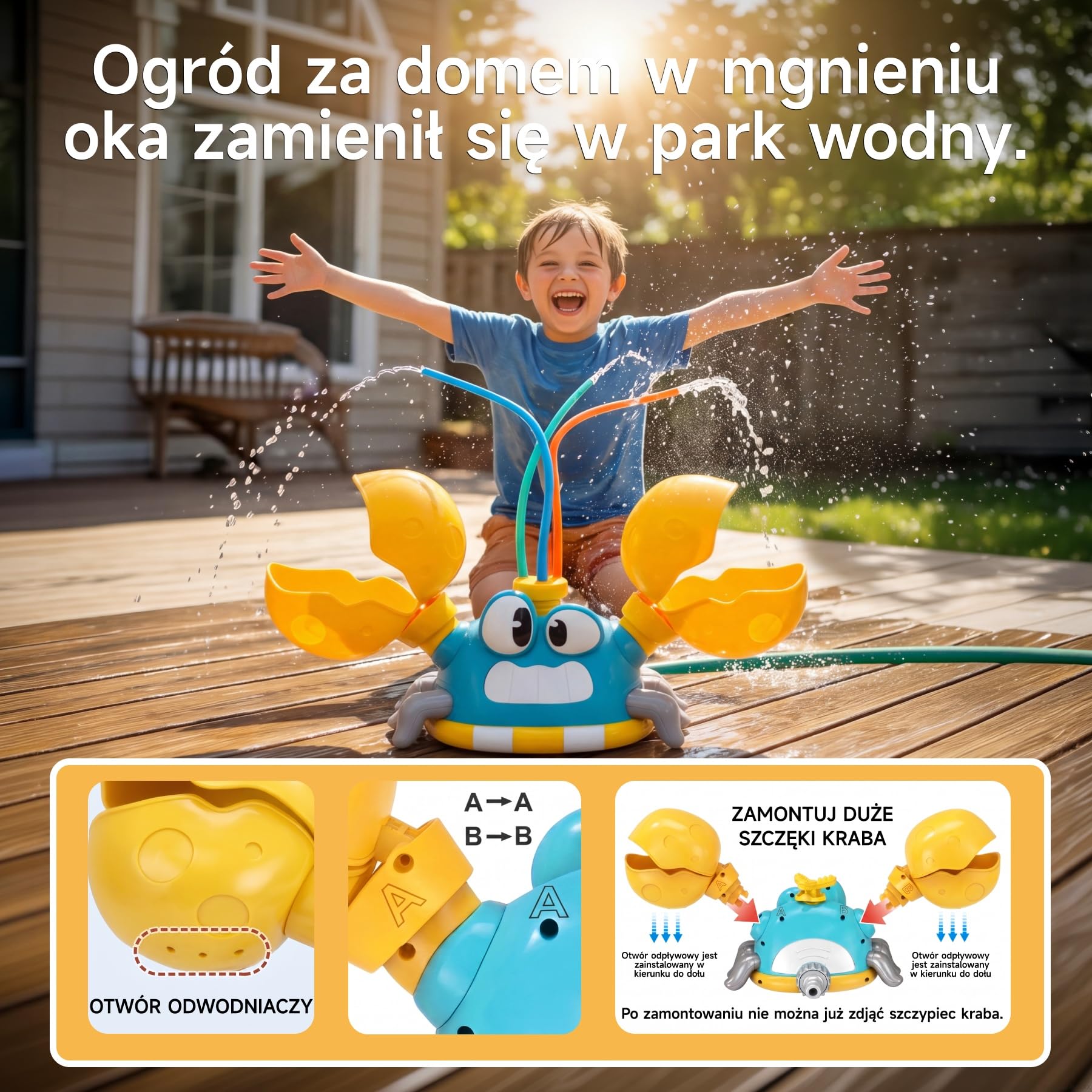 Zraszacz dla Dzieci Krab 3 Tryby + Rzucanie Woreczkami | Trzy tryby wody, ruchome szczypce do rzucania woreczkami, aktywna zabawa i koordynacja