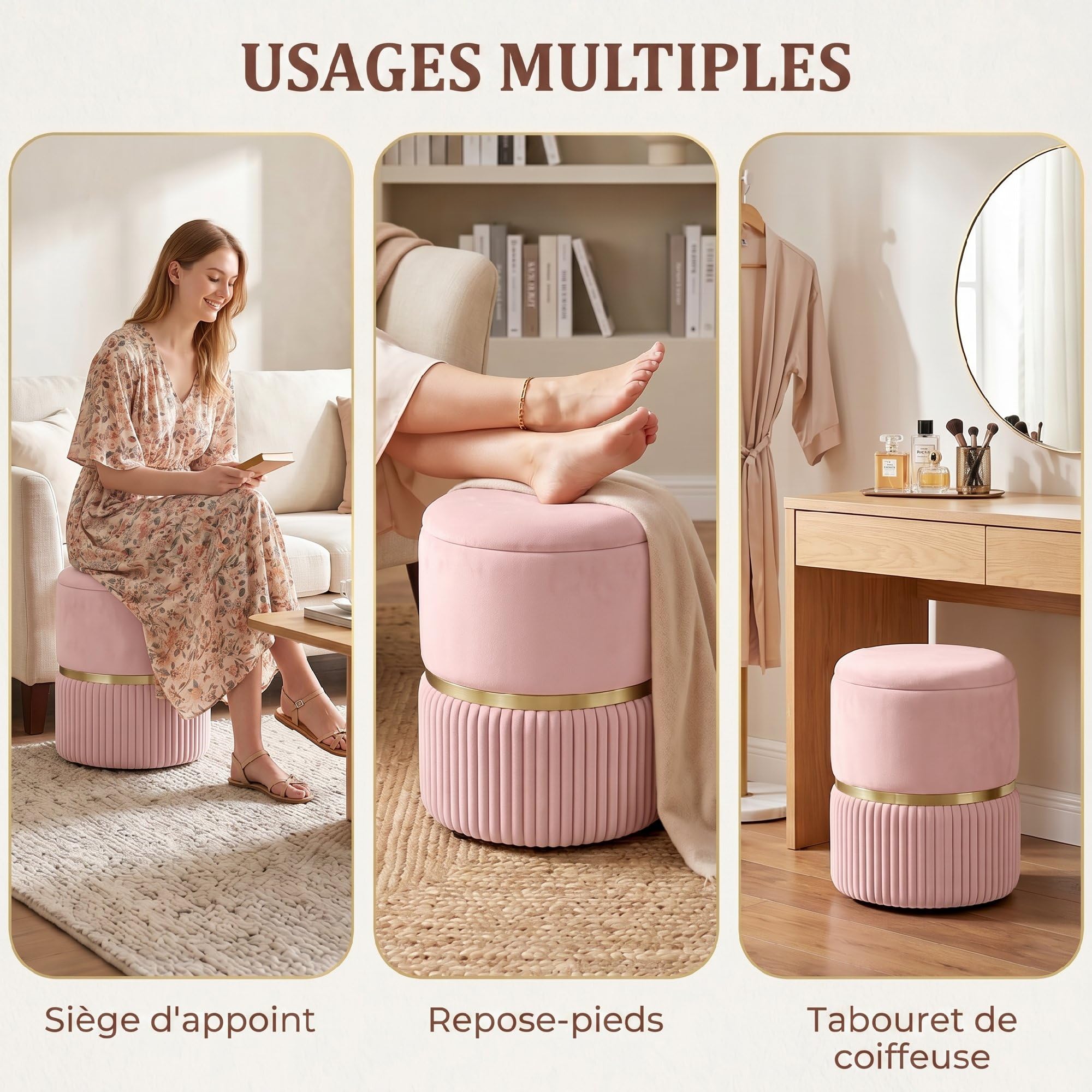 HOMCOM Pouf Taburete Reposapiés Baúl 36x36x44cm Rosa