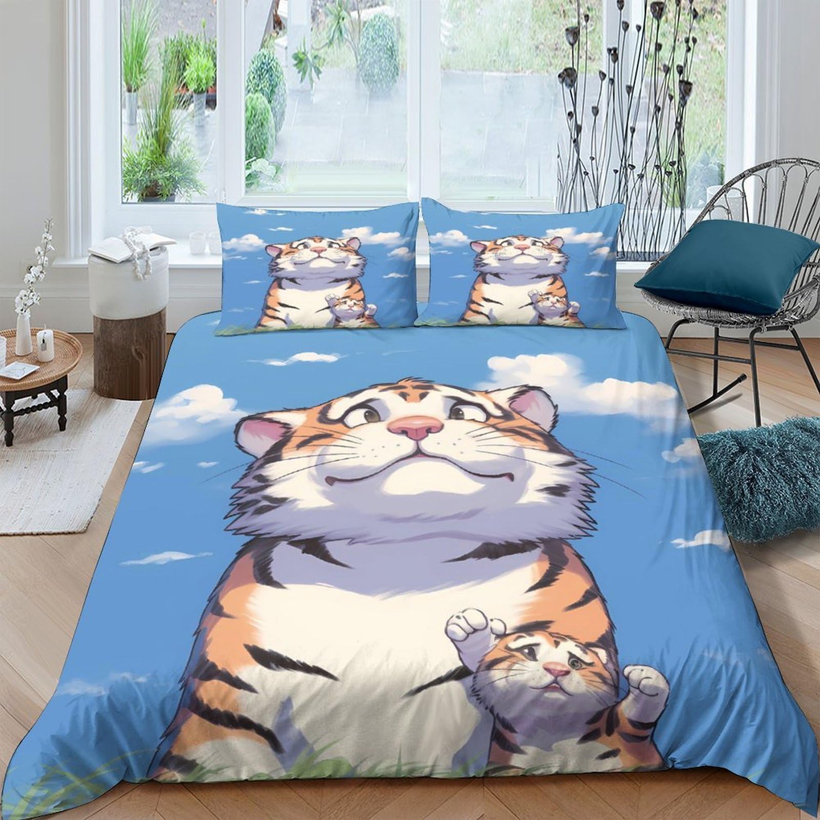 Ctjqhvkz Style-4 3D Printed Cartoon Tiger Fitted Sheet Microfiber Blue Clouds Mattress Cover For Bedroom Guest Room Home Decor Single（135X200cm）