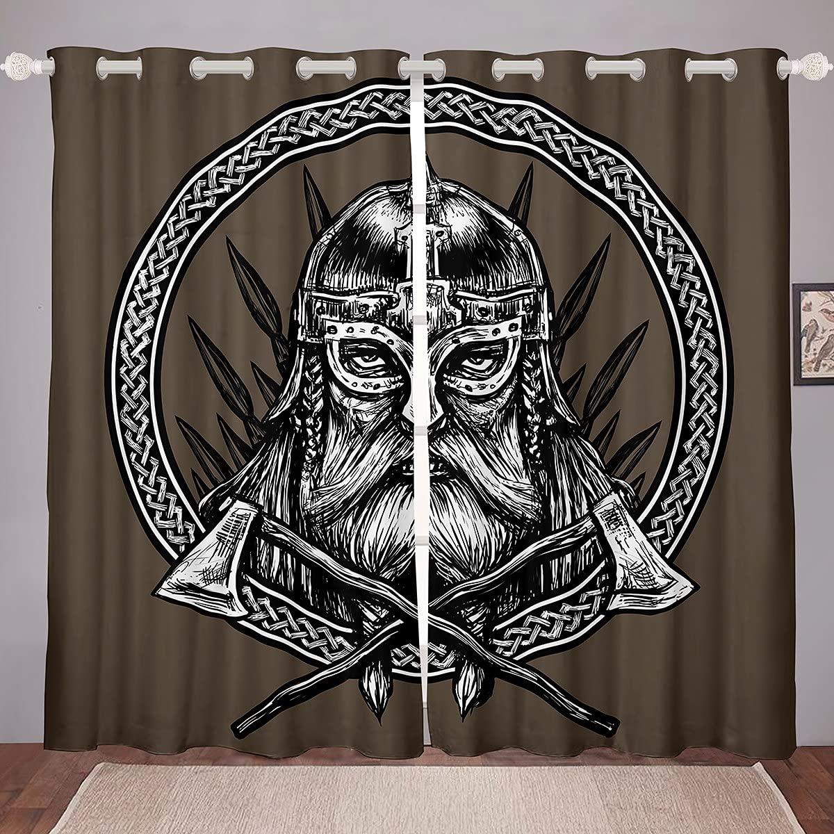 Loussiesd Old Viking Window Curtain Vintage Exotic Tribe The Ax A Sword A Spear Scandinavian Logo Brown Print Curtains Decor Pirate Curtains Window Treatments,W66*L72 — image 1