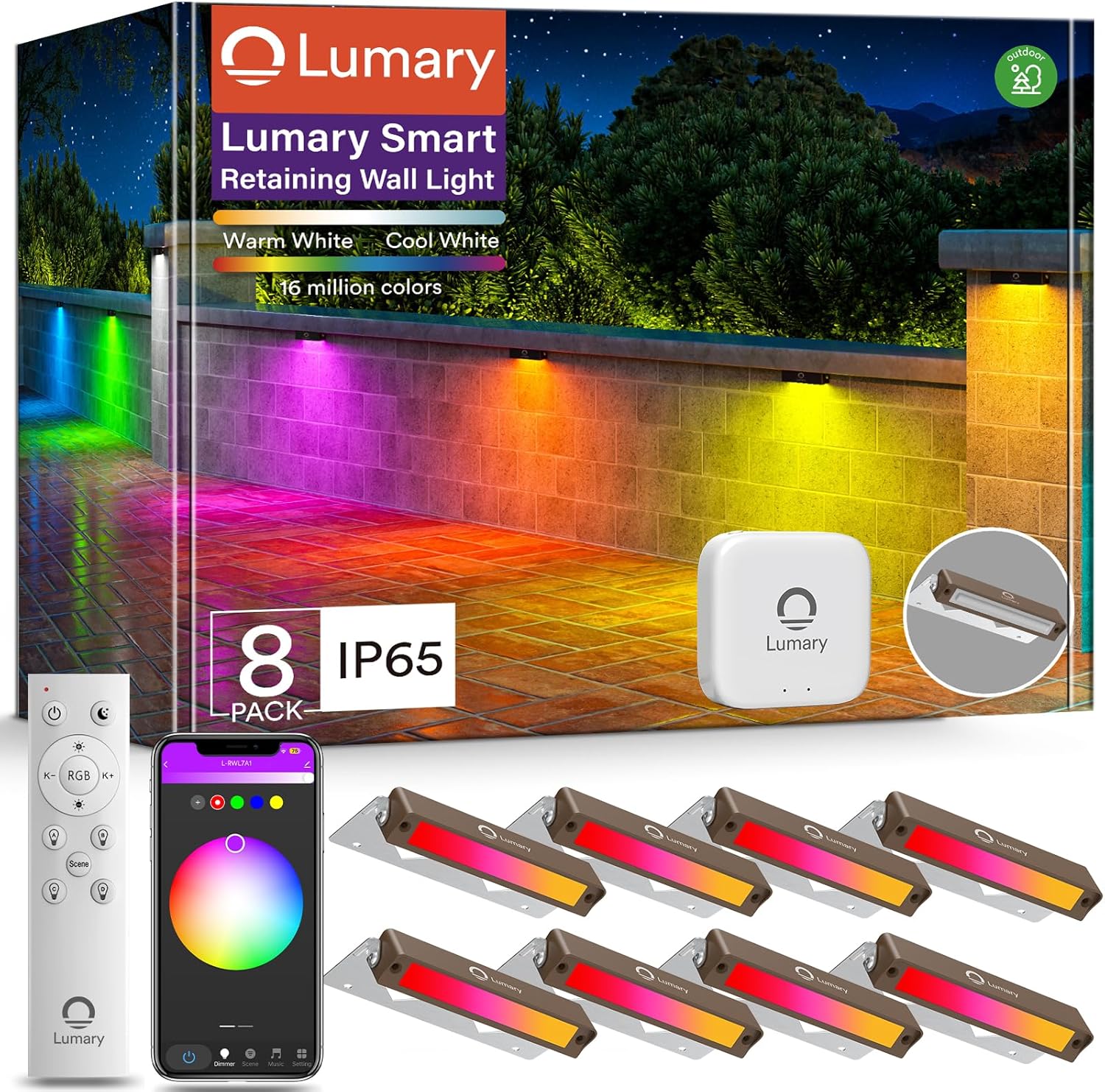 Lumary 7 Inch Smart LED Hardscape Paver Light,12-24V Low Voltage Retaining Wall Lights, 2200K-6500K RGBCW Color Changing Outdoor Landscape for Step, Work with Alexa & Google Assistant 8 Pack