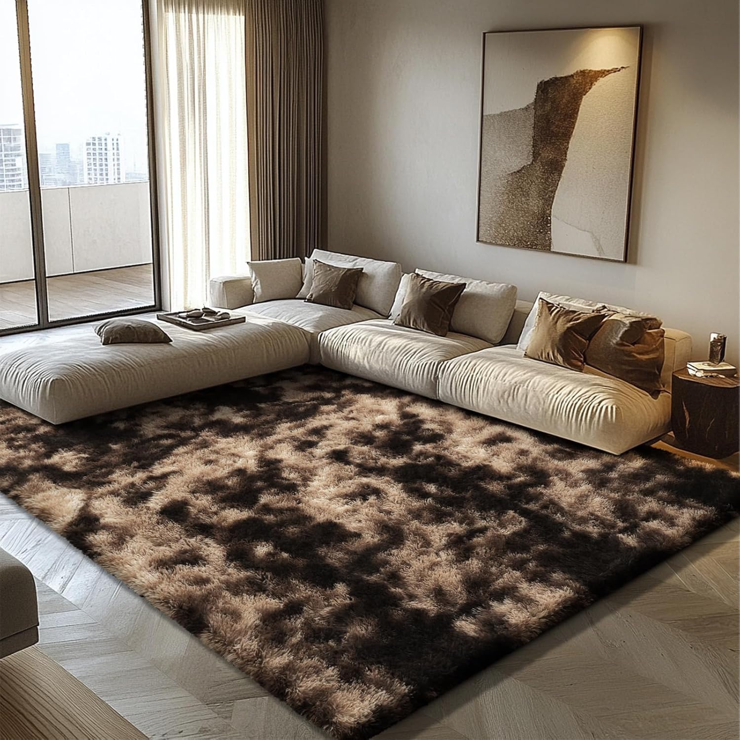 Shag Area Rug for Bedroom 5x8,Fluffy Area Rugs for Living Room,Soft Fuzzy Rug Non-Shedding Indoor Plush Carpet for Kids Bedroom Nursery Dorm Home Decor,Tie-Dyed Coffee