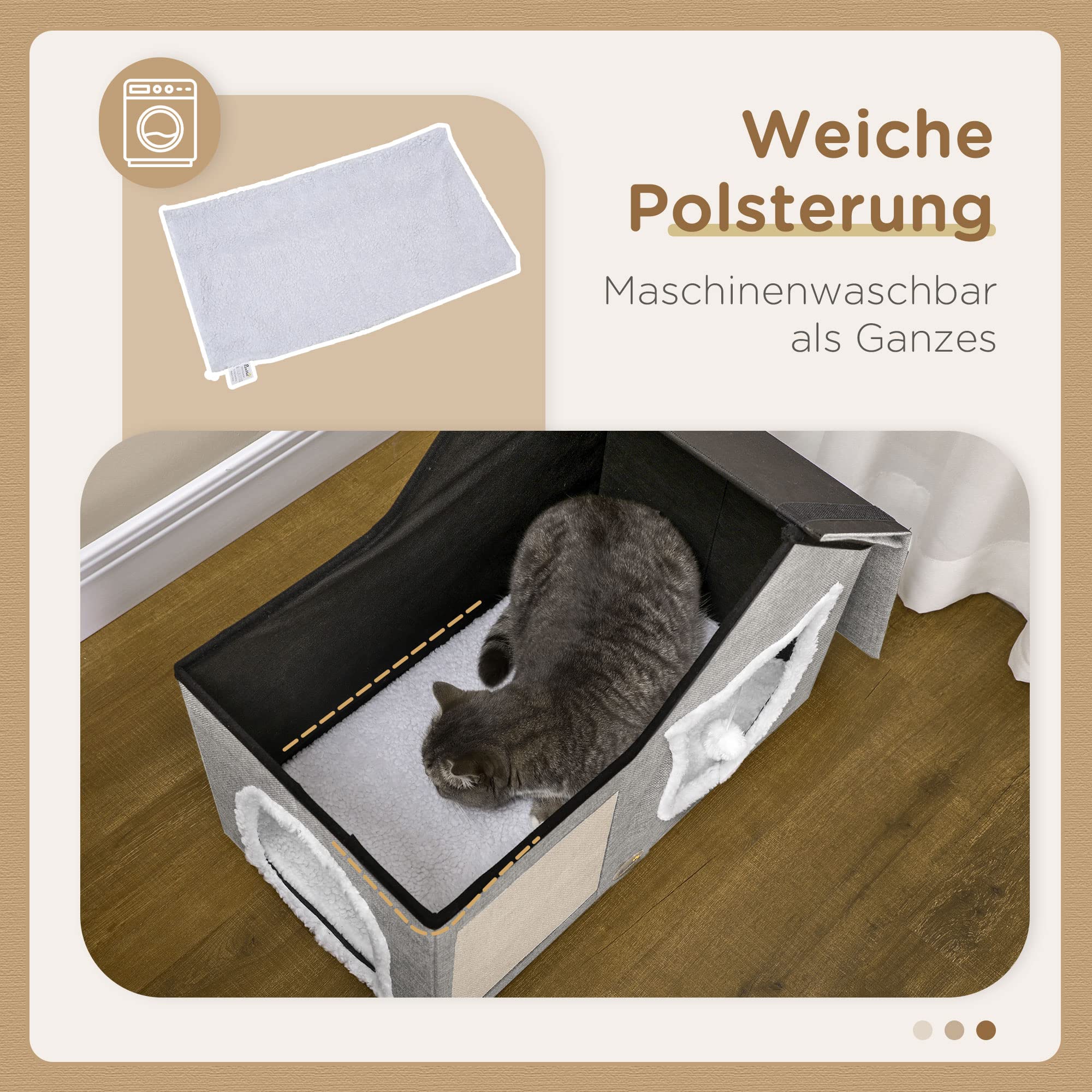 PawHut Domek dla kota z powierzchnią do drapania, domek dla kota z podwójnymi drzwiami, przytulna jaskinia z poduszkami, legowisko dla kota z piłką do zabawy, poliester, szary, 65 x 41 x 45,5 cm