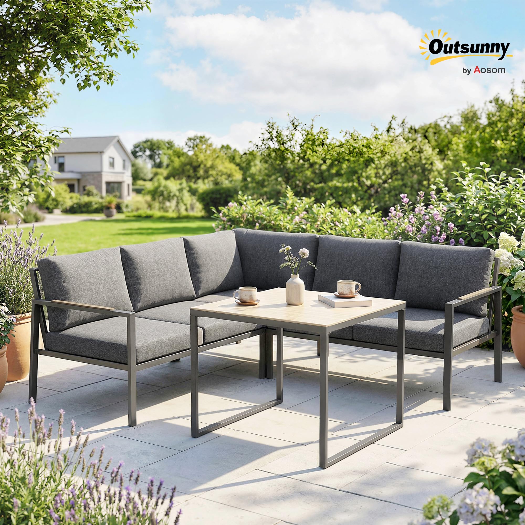 Outsunny Soggiorno da giardino esterno 3 Pezzi 5 per. 2 Divani Grigio Scuro | Cuscini rimovibili spessi, 1 tavolino da caffè con piano in vetro, set da divano esterno, per terrazza balcone