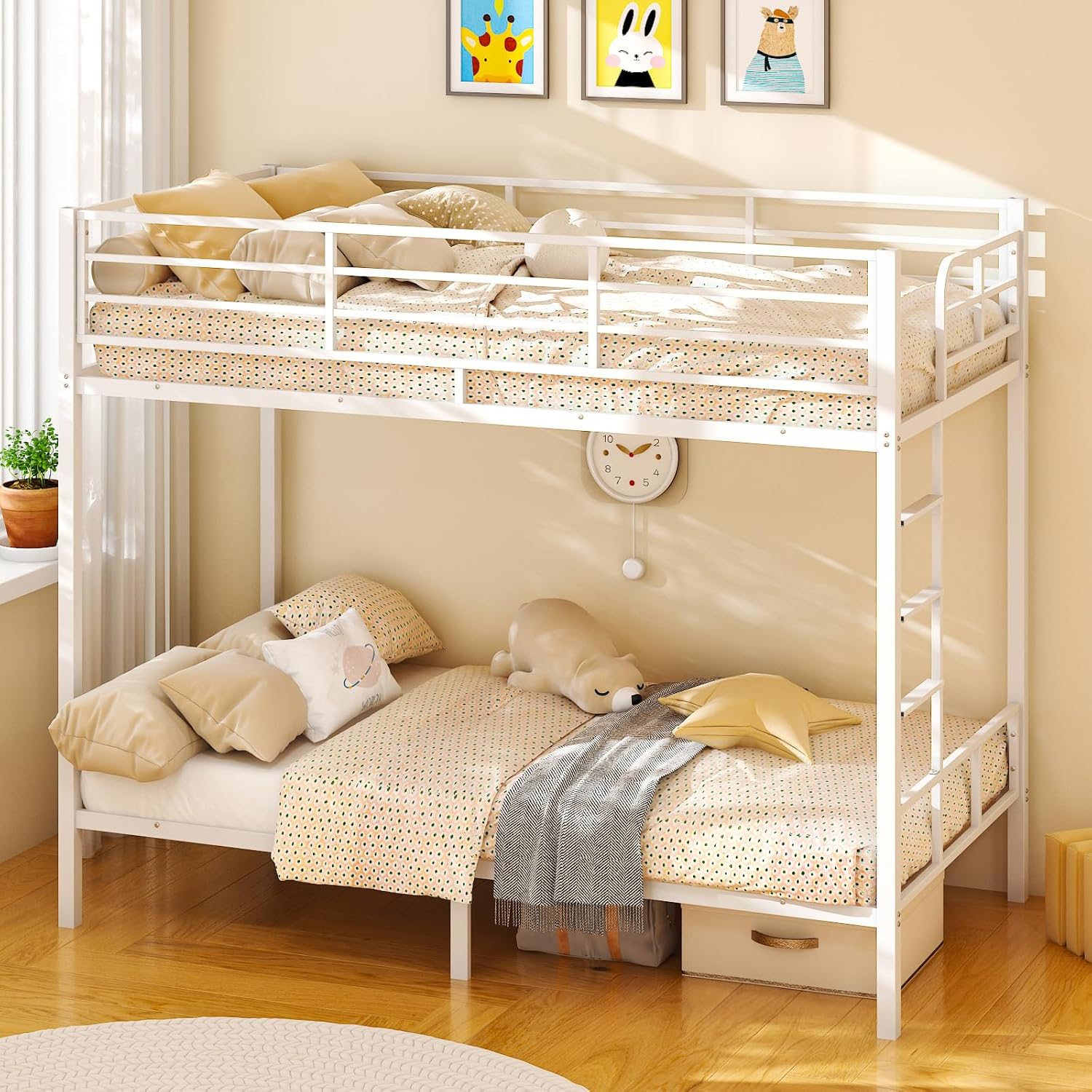 Metal Twin Bunk Beds,Metal Bunk Bed Twin Over Twin, Heavy Duty Bunkbeds with Ladders and 13" Guardrail, Metal Slats,Space-Saving Bunk Bed with Storage, No Box Spring Needed (White)