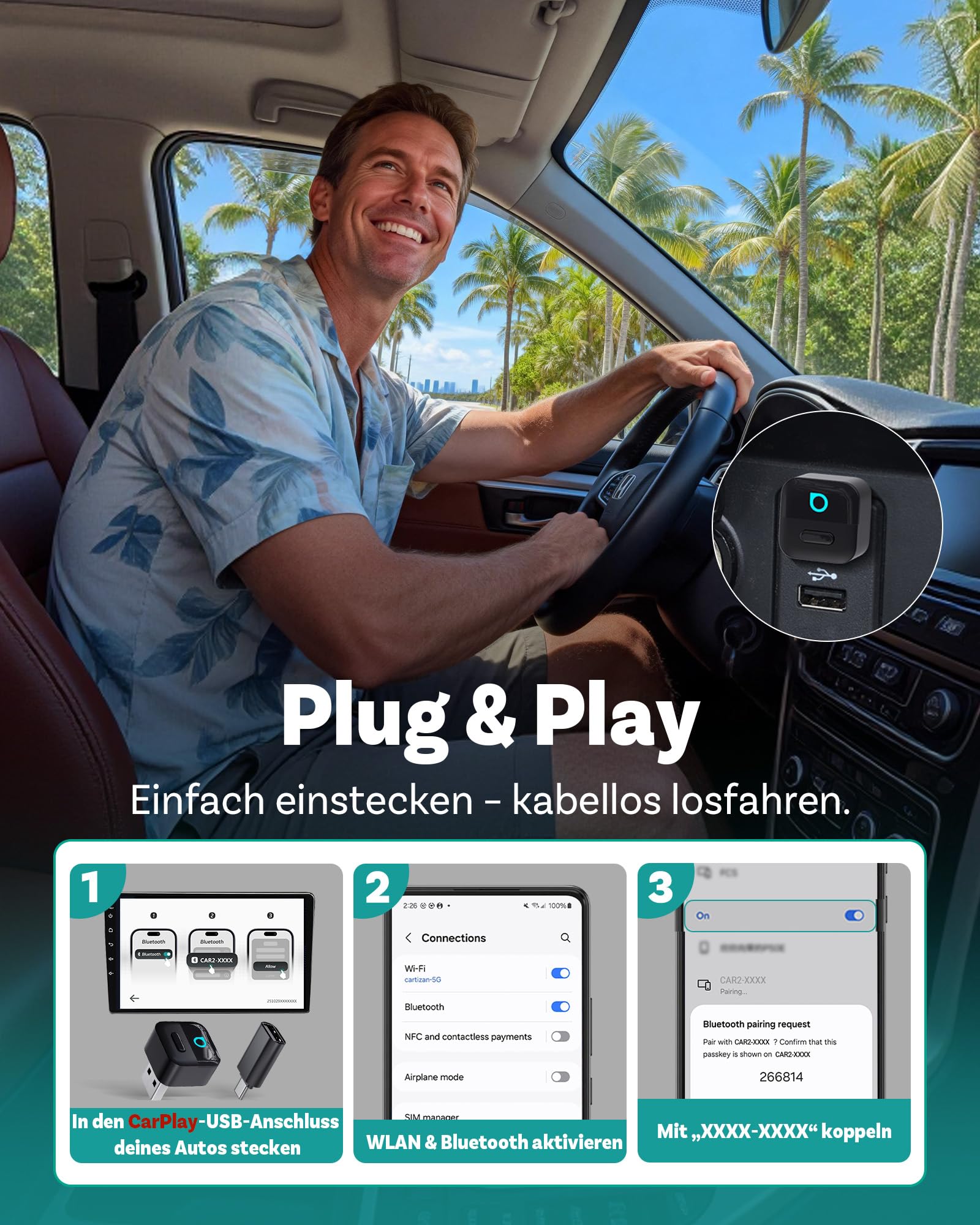 Ottocast Mini Pico, 2026 Neuheit 2-in-1 Wireless CarPlay & Android Auto Adapter mit One-Touch Gerätewechsel, Plug & Play, WiFi 6 & Bluetooth 5.4, Verbindet Sich Automatisch für iPhone & Android