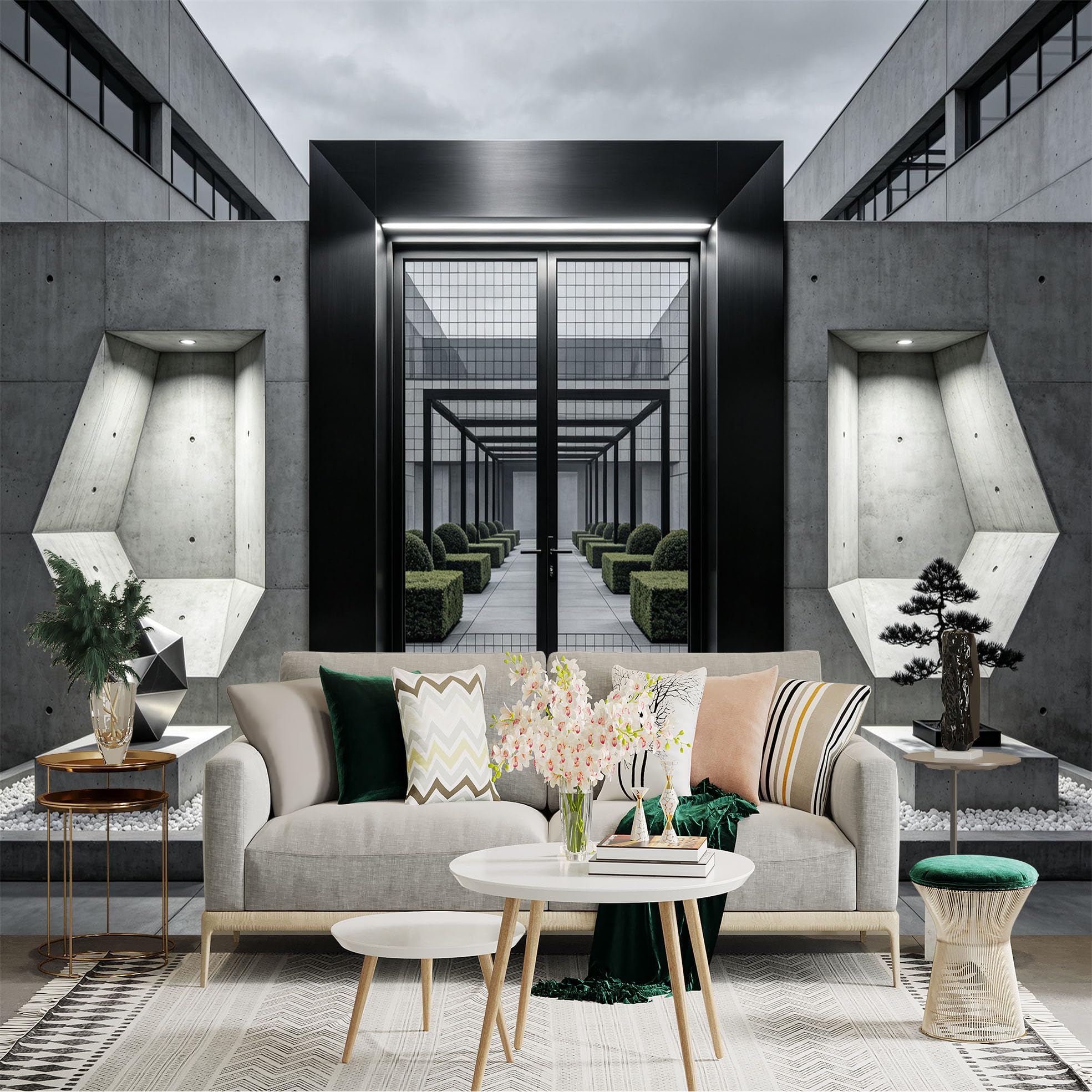 Custom Size Wall Sticker Mural， Modern Minimalist Concrete Courtyard with Geometric Architecture and Bonsai， for wall Decoration， peelandstick wall Decals.