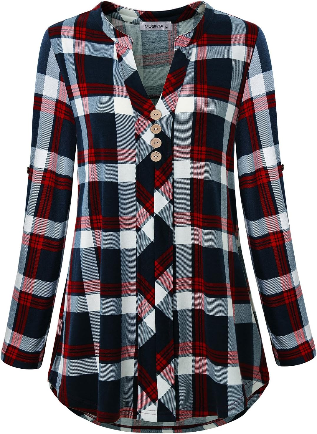 MOQIVGI Womens Roll Tab Sleeve V Neck Plaid Shirts Trendy Casual Checkered Blouse Tops - Image 2