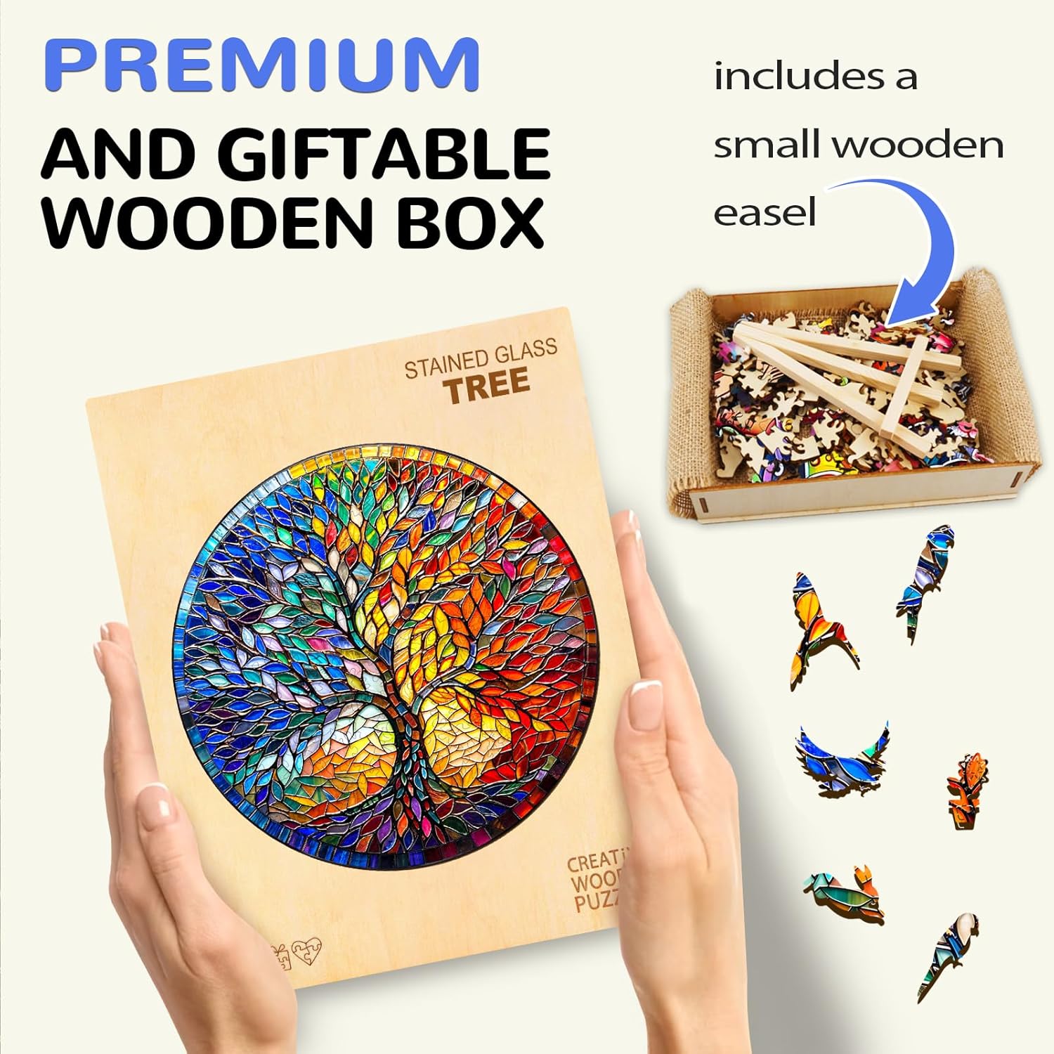 Wooden Puzzles for Adult, Tree of Life Wooden Jigsaw Puzzle, Unique Shape Stained Glass Tree Wood Cut Puzzle with Beautiful Wooden Box, Family Game Puzzle Lovers Gifts (M-11.4 * 11.4in-200pcs)
