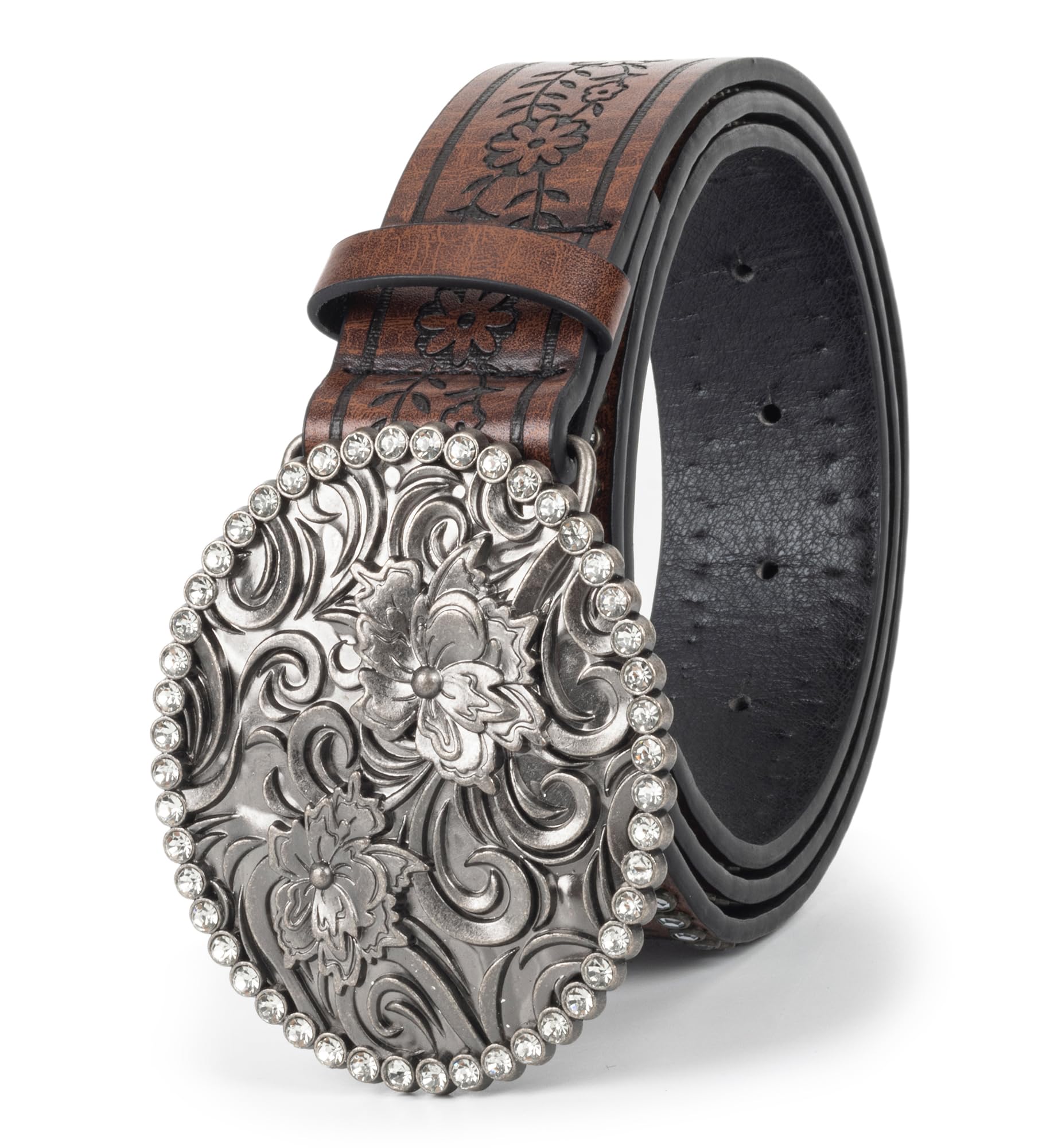 XuoAz Womens-Western-Belts Rhinestone-Cowboy-Cowgirl-Belt Embossed Floral Pu Leather Bling-Diamond Country Belts(for 33"-38")