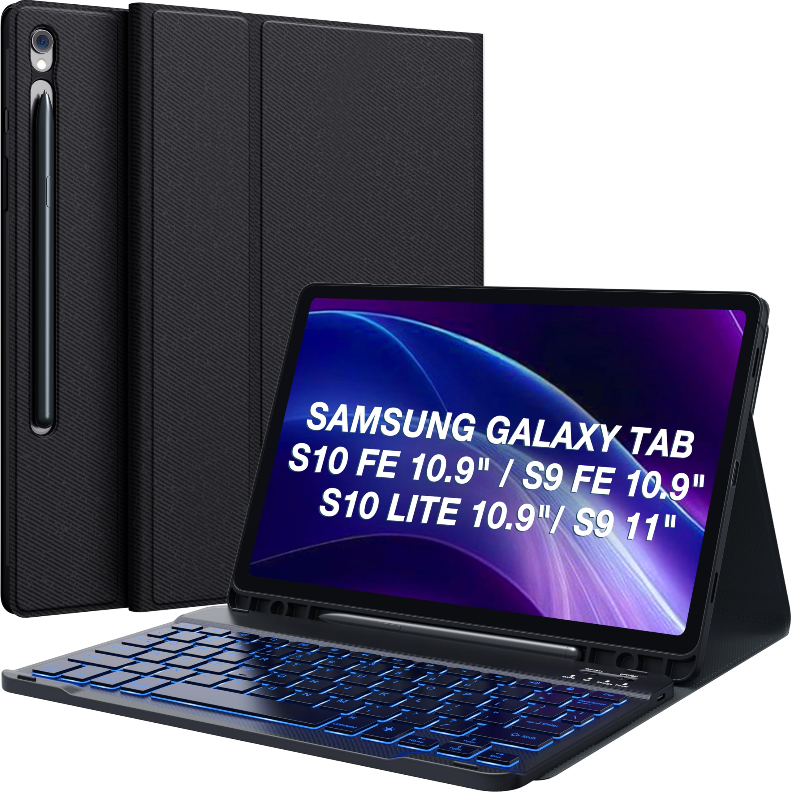 CHESONA for Samsung Galaxy Tab S9 Fe Case with Keyboard, 7-Color Backlit, Magnetic Detachable Keyboard & S Pen Holder, Wireless Keyboard Case for Tab