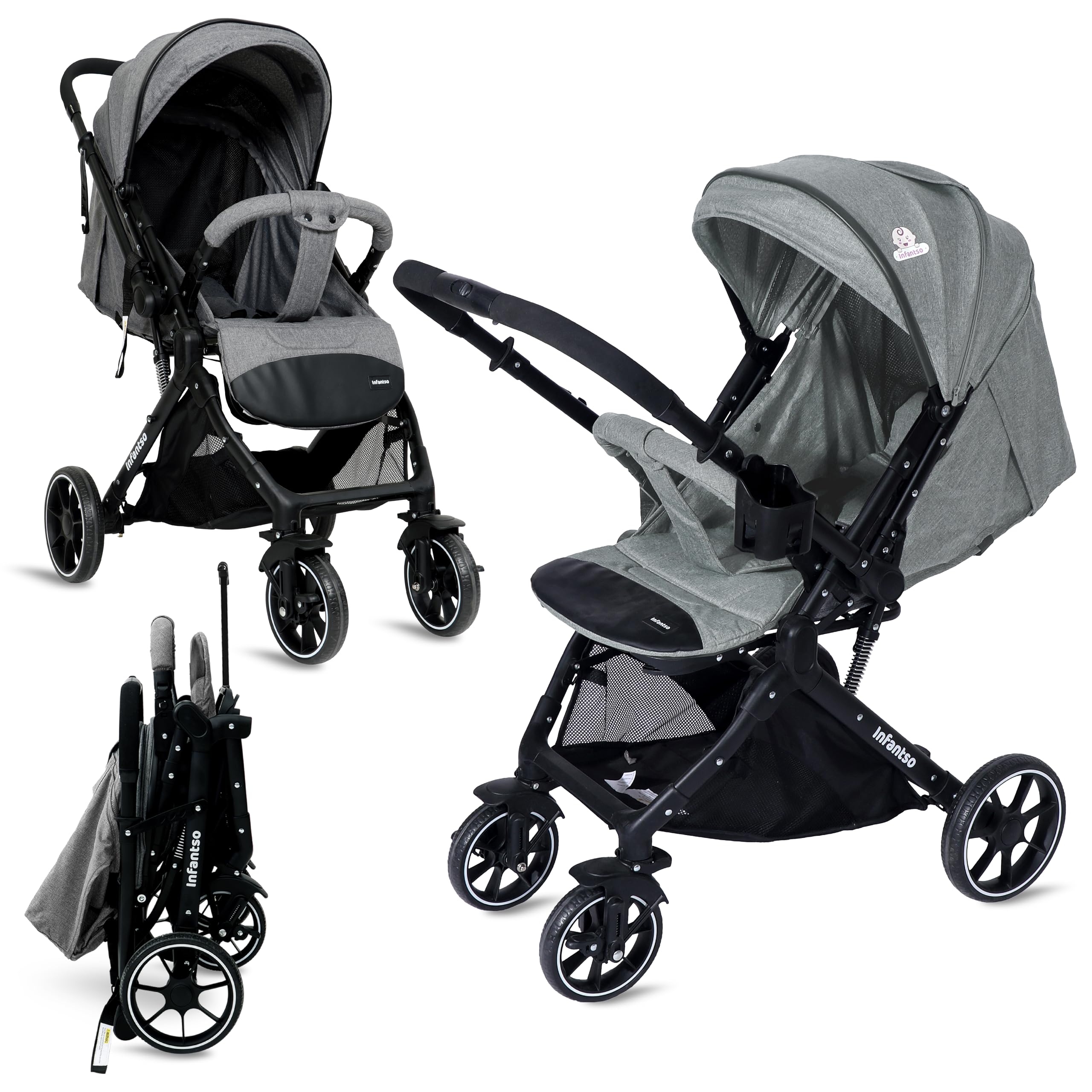 Infantso GlideX Premium Baby Stroller / Pram, Reversible Handle, One-Hand Fold and 360° Rotating Wheels,, Travel Friendly, 5 Points Safety Harness, Extendable Canopy, Multilevel Recline, Adjustable Footrest, Easy Fold, Shock Absorption Wheels, for babies 0 to 3 years ( Grey )