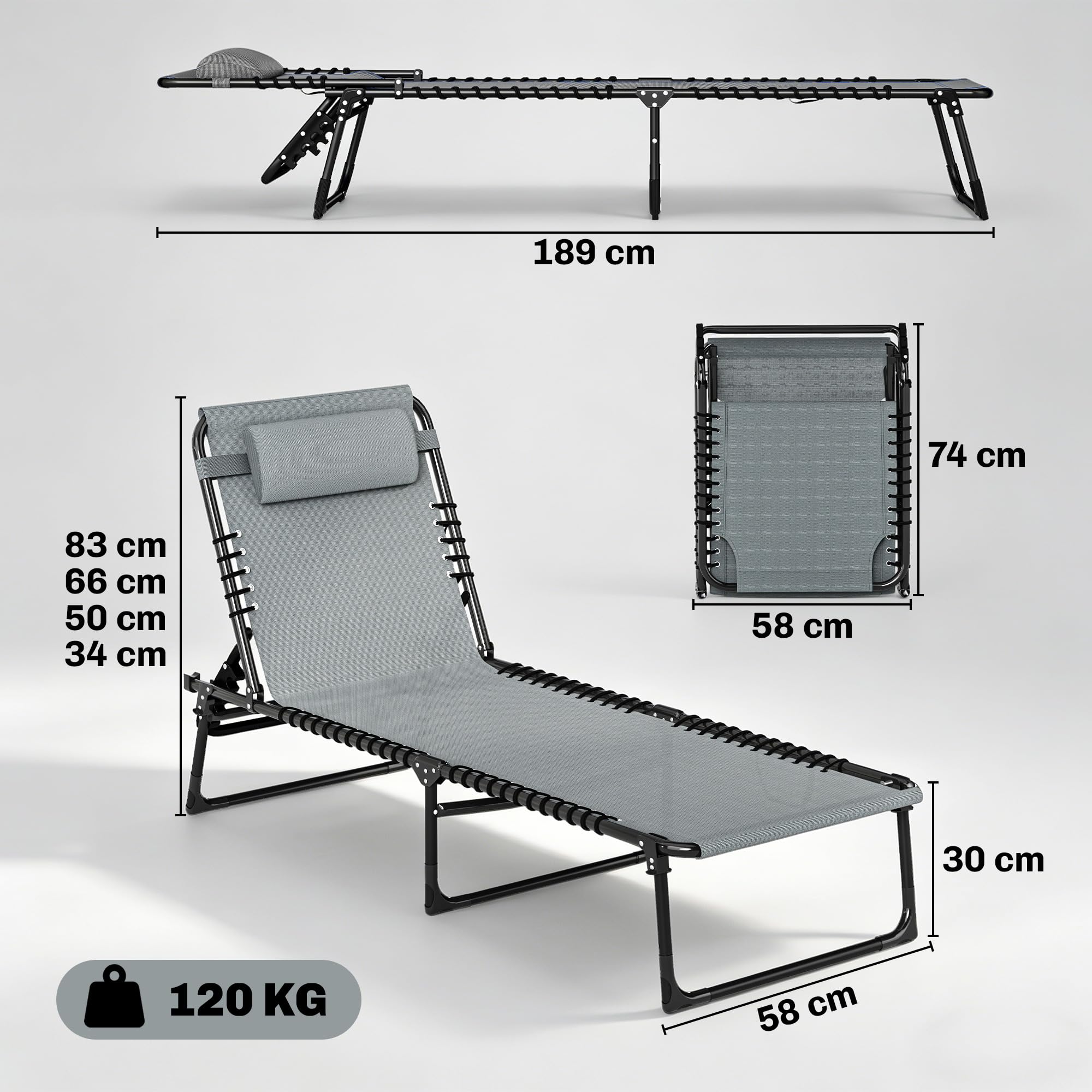 Outsunny Bain de Soleil transat Pliable Dossier inclinable Multi-Positions Acier thermoplastique Lacets élastiques Noir textilène Gris