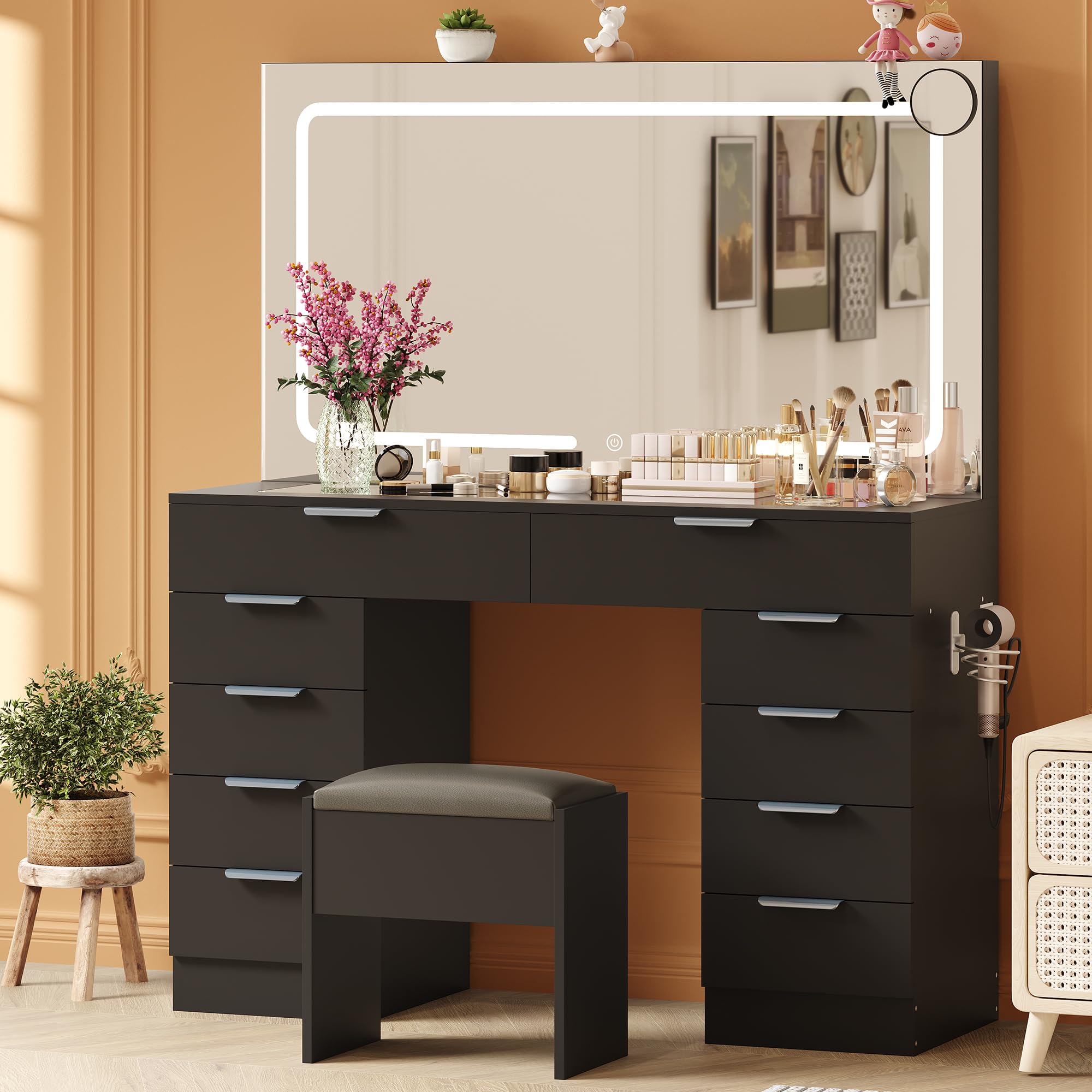 Photo 1 of ** PARTS ONLY MISSING MIRROR AND OTHER PARTS**
IDEALHOUSE Large Vanity Desk with Mirror, Clear Glass Top, Stool, LED Lights and Power Outlet, 45'' Width Makeup Vanity Table Set with 10 Drawers for Bedroom Dressing Room