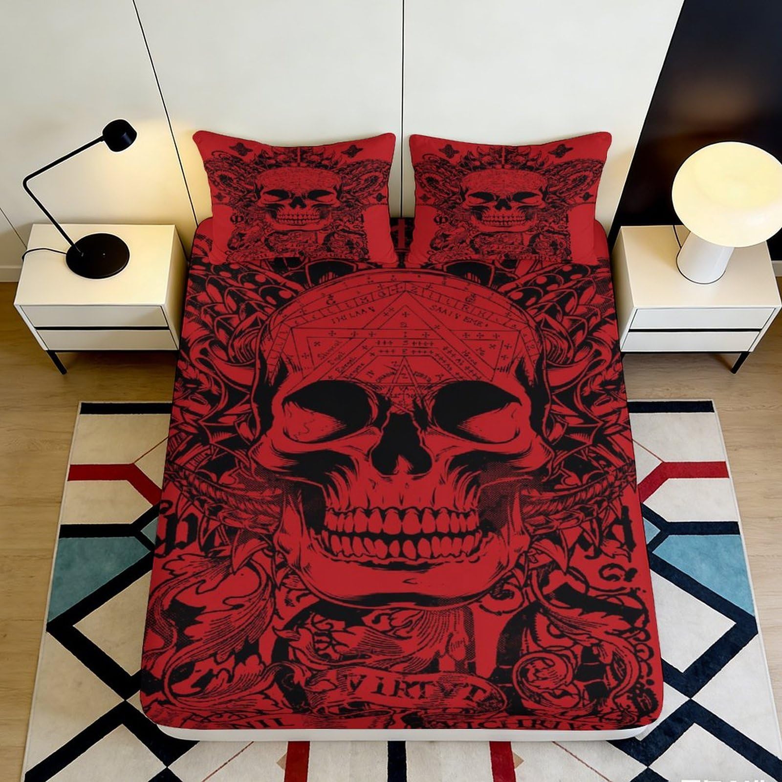 Dhbaneiok Style-3 3D Printed Red Skull Fitted Sheet Microfiber Soft Breathable Gothic Skeleton Bed Cover For Bedroom Dorm Mattress Protection Decor 90X200x25cm