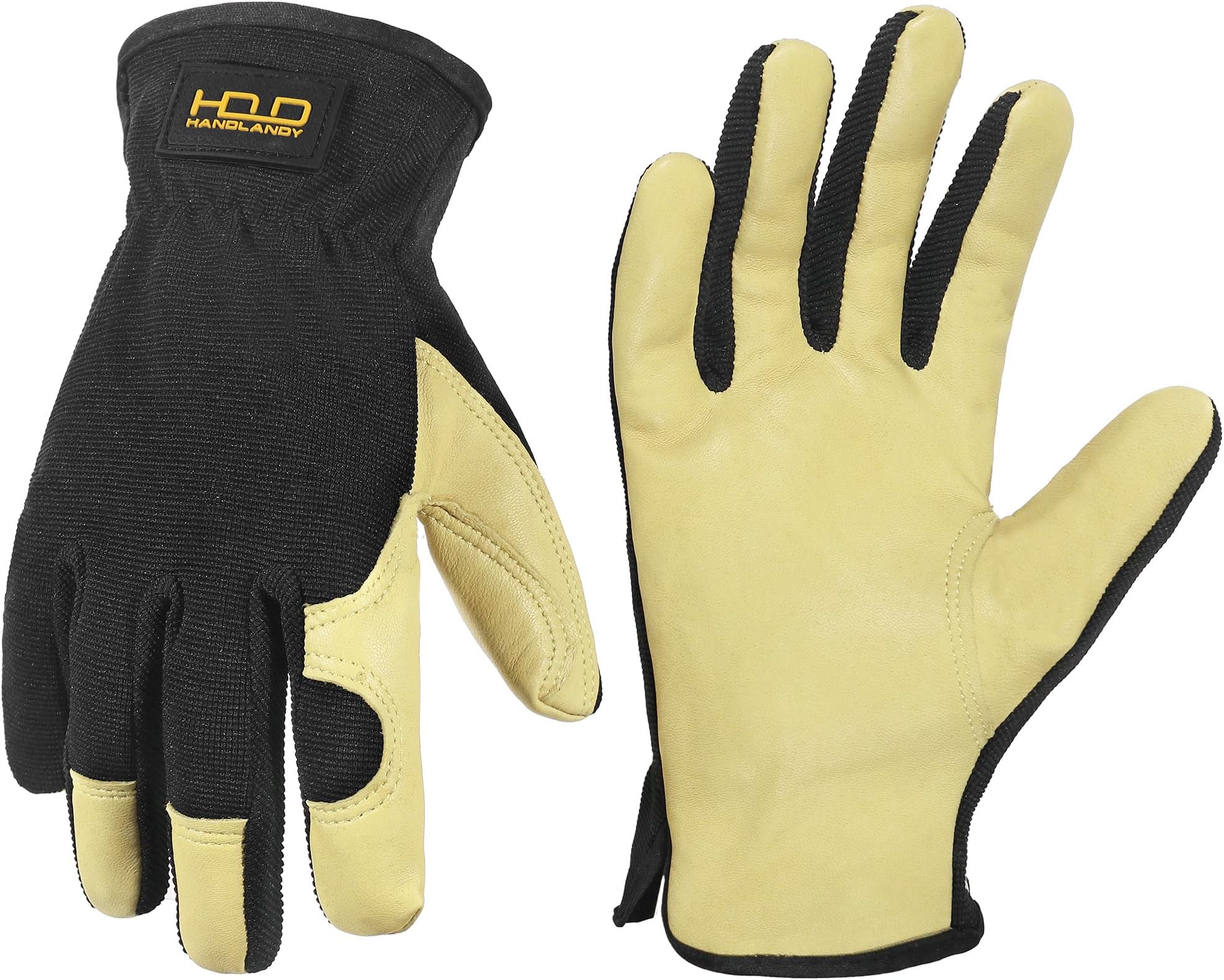 HANDLANDY Men Leather Gardening Gloves, Utility Work Gloves for Garden & Building Work, Dexterity & Breathable Construction Gloves (Beige-Black, M)
