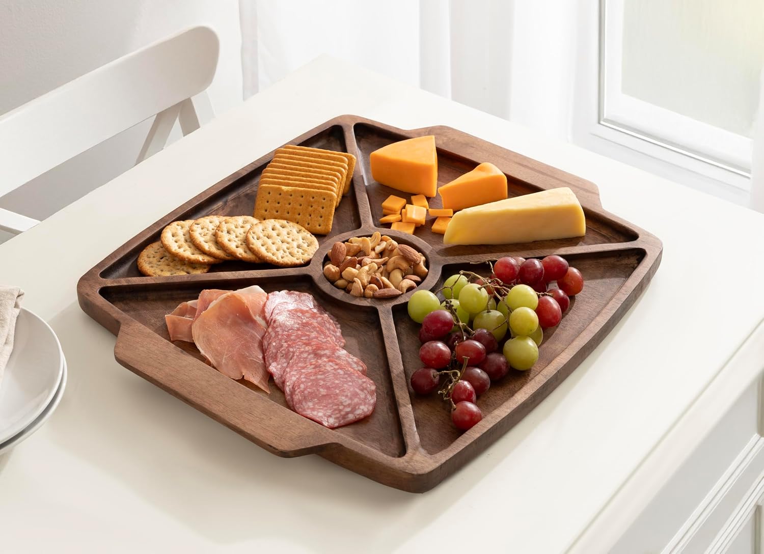 Kate and Laurel Criscroft Modern Square Mango Wood Food-Safe Serving Tray with Handles, 17 x 15, Walnut Brown, Mid-Century Divided Charcuterie Board for Use as Hosting Serveware Kitchen Counter Decor