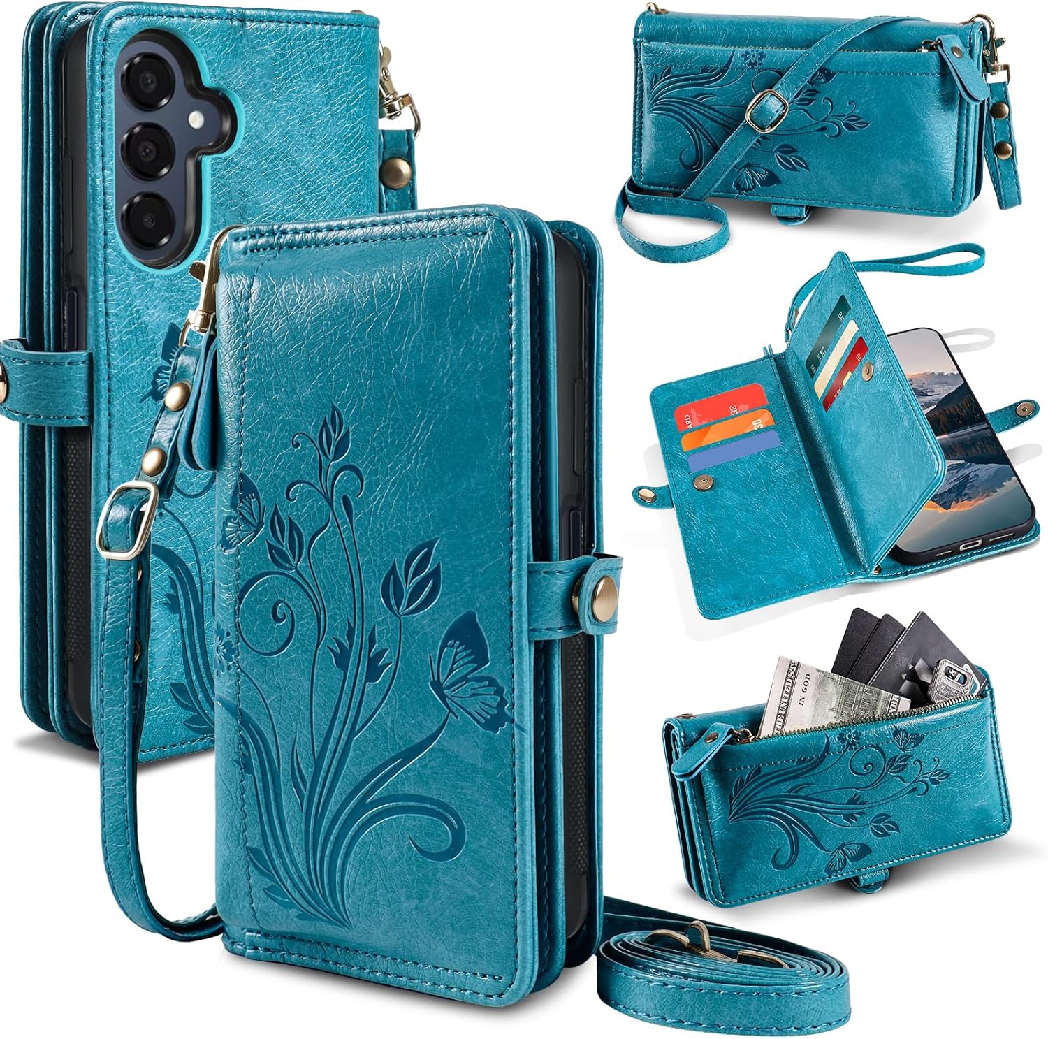 Lacass for Samsung Galaxy A16 5G Case Wallet,[Cards Theft Scan Protection] Card Holder Zipper Leather Flip Cover Crossbody Wrist Strap with Stand (Floral Blue Green)