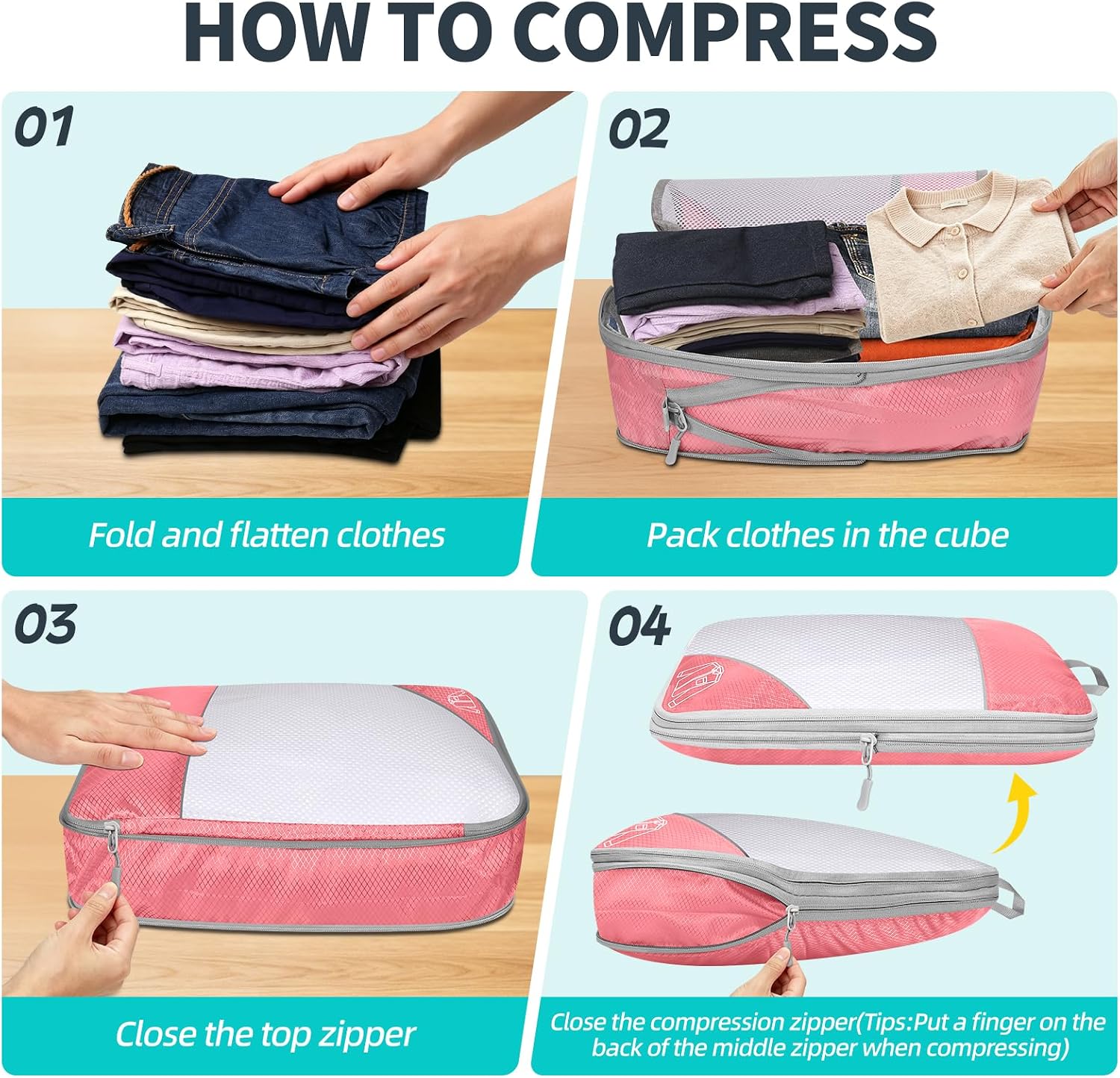 6 Set Compression Packing Cubes for Travel - Compressible, Lightweight, and Space-Saving Packing Cubes, Travel Accessories Luggage Suitcase Backpack for Men Women (Pink)