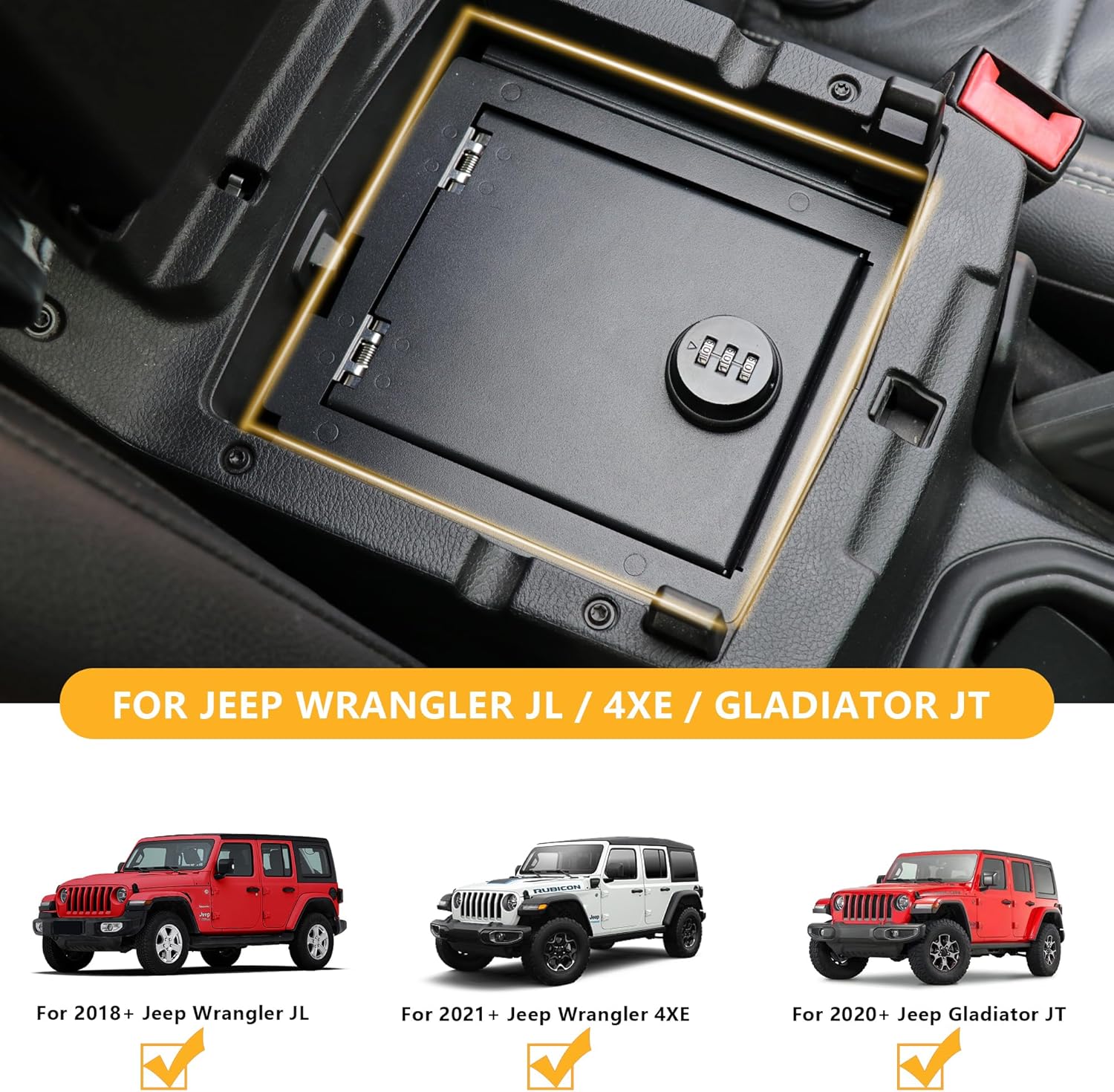 Center Console Lock Safe Box Armrest Storage Compatible with 2018-2025 Jeep Wrangler JL 4XE Gladiator JT Interior Accessories Armrest Vault Security Organizer Tray with 3 Digit Combo Password