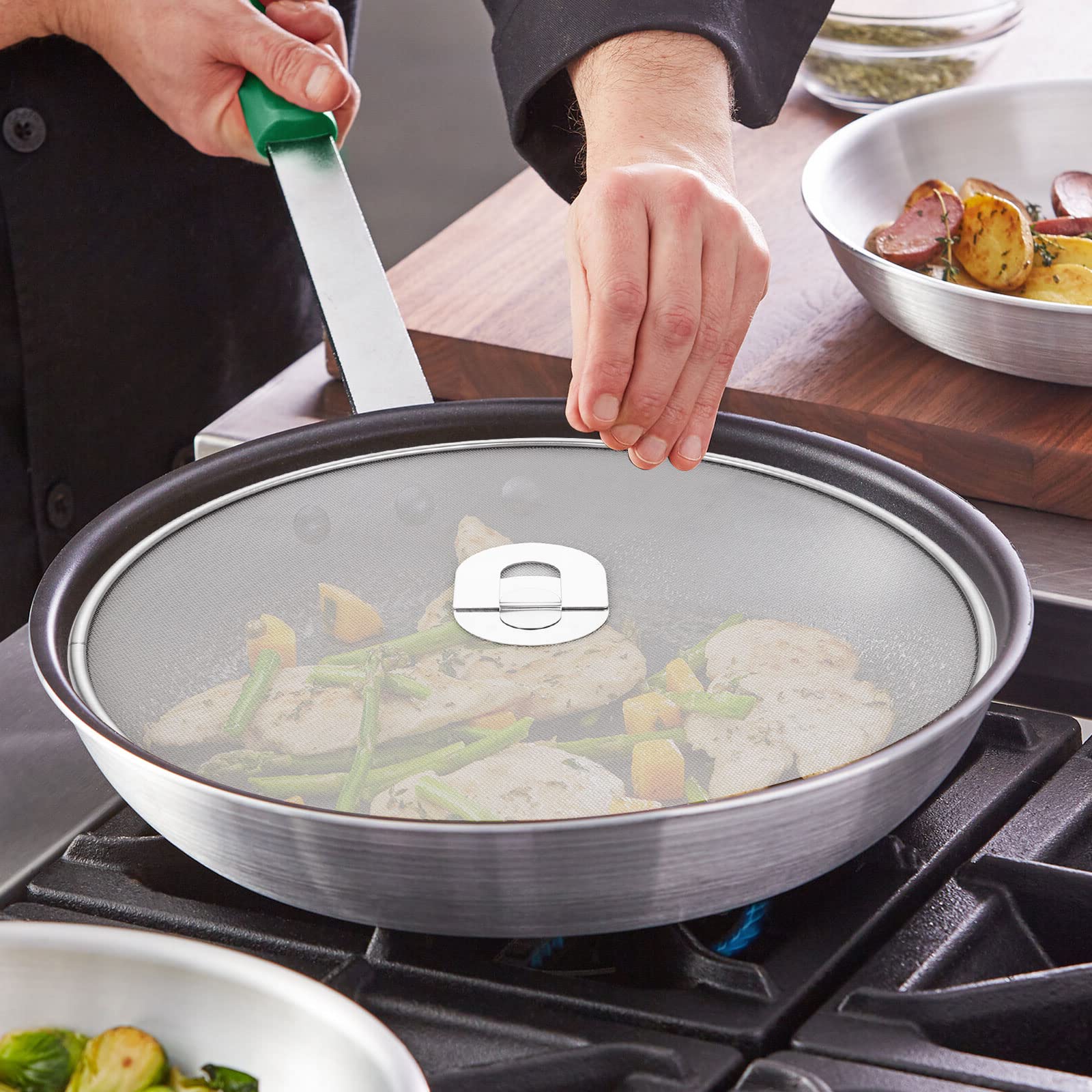 Coperchio Paraspruzzi In Acciaio Inox 304 Con Manico Pieghevole, Rete Antiolio Per Padelle, Diametro 33 Cm, Lavabile In Lavastoviglie - 2