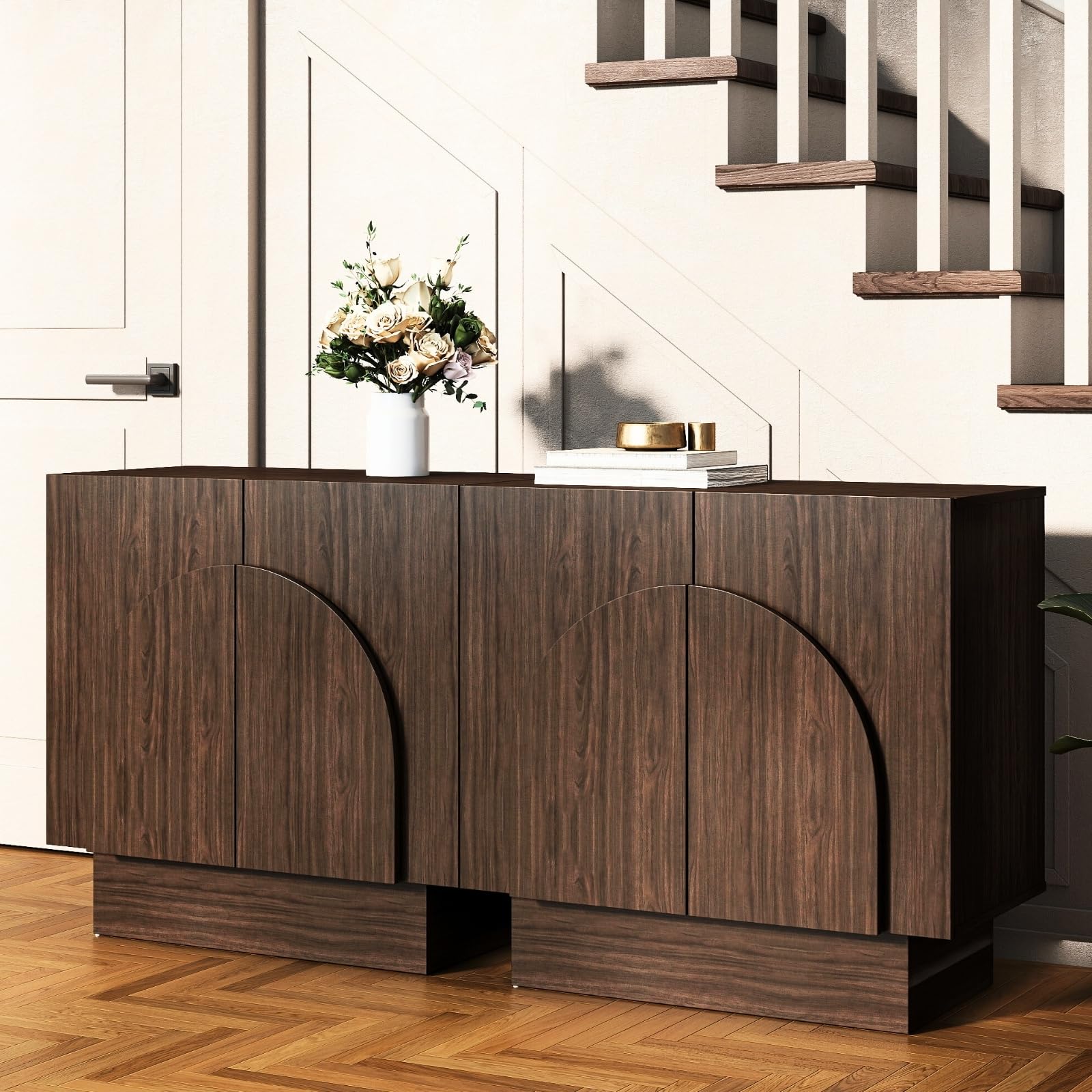 HEAH-YO Walnut Sideboard Buffet Cabinet with Storage, Entryway Accent Cabinet with Arched Doors Modern Coffee Bar Station TV Stand Wood Media Console