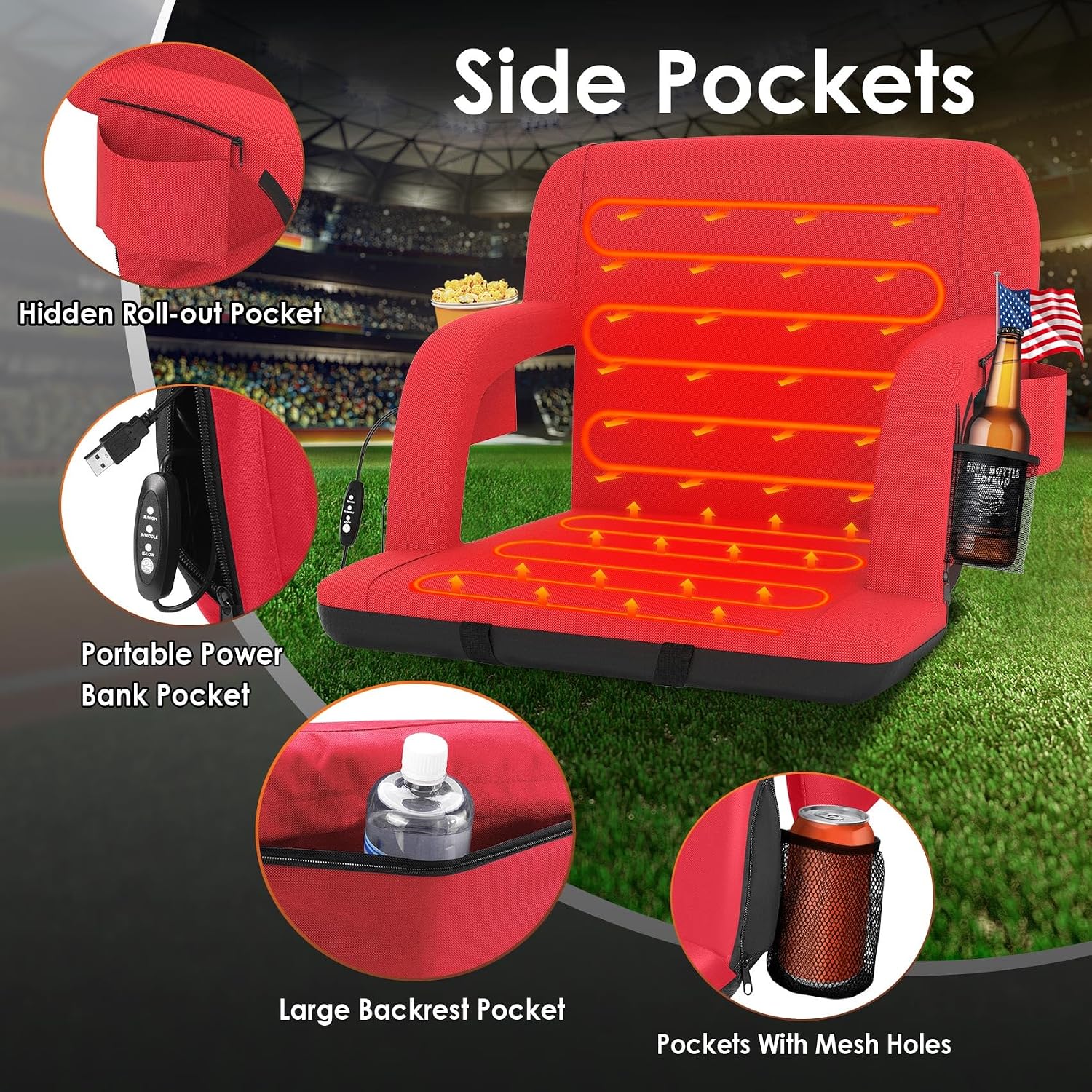 HOPERAN Heated Stadium Seats for Bleachers with Back Support Wide Cushion, Extra Portable Bleacher Seat Foldable Stadium Chair, USB 3 Levels of Heat, Pockets for Outdoor Indoor Sports 25" Red 1pc