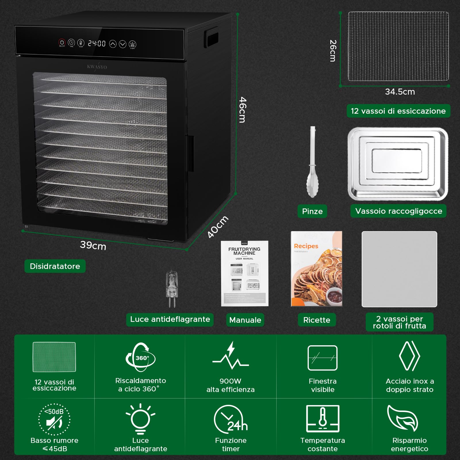 Kwasyo Essiccatore Alimentare 12 Vassoi in Acciaio Inox, Tutto Nero, Struttura a Doppio Strato, Grande Capacità, Essiccatore Commerciale per Frutta, Pesce, Verdure, Carne, Jerky, Erbe, 900W