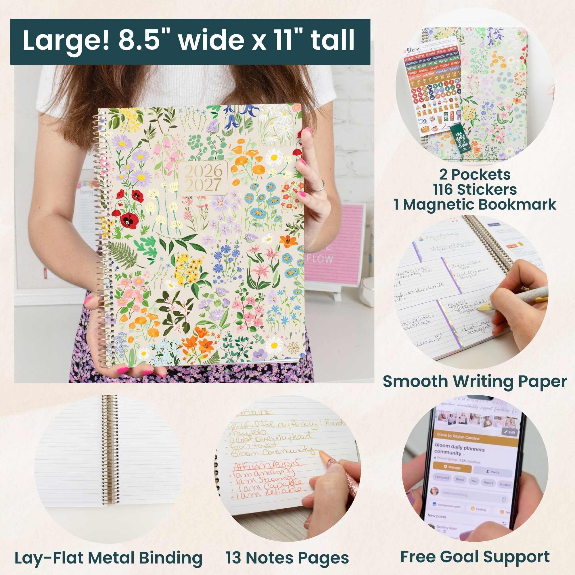 bloom daily planners Agenda 2026-2027 (21,6 x 27,9 cm) per l'anno accademico (luglio 2026 - luglio 2027), agenda settimanale e mensile, con adesivi e linguette, per feste in giardino, beige