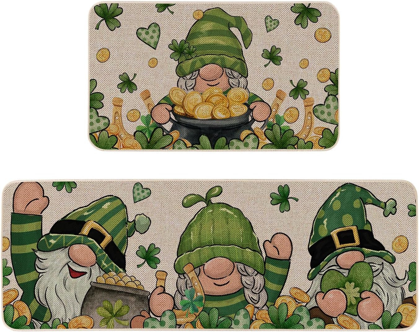 Moutina St Patricks Day Gnomes with Gold Coins Decorative Kitchen Rugs Set of 2, Lucky Shamrock Decor Low-Profile Kitchen Mats for Floor - 17x29 and 17x47 Inch