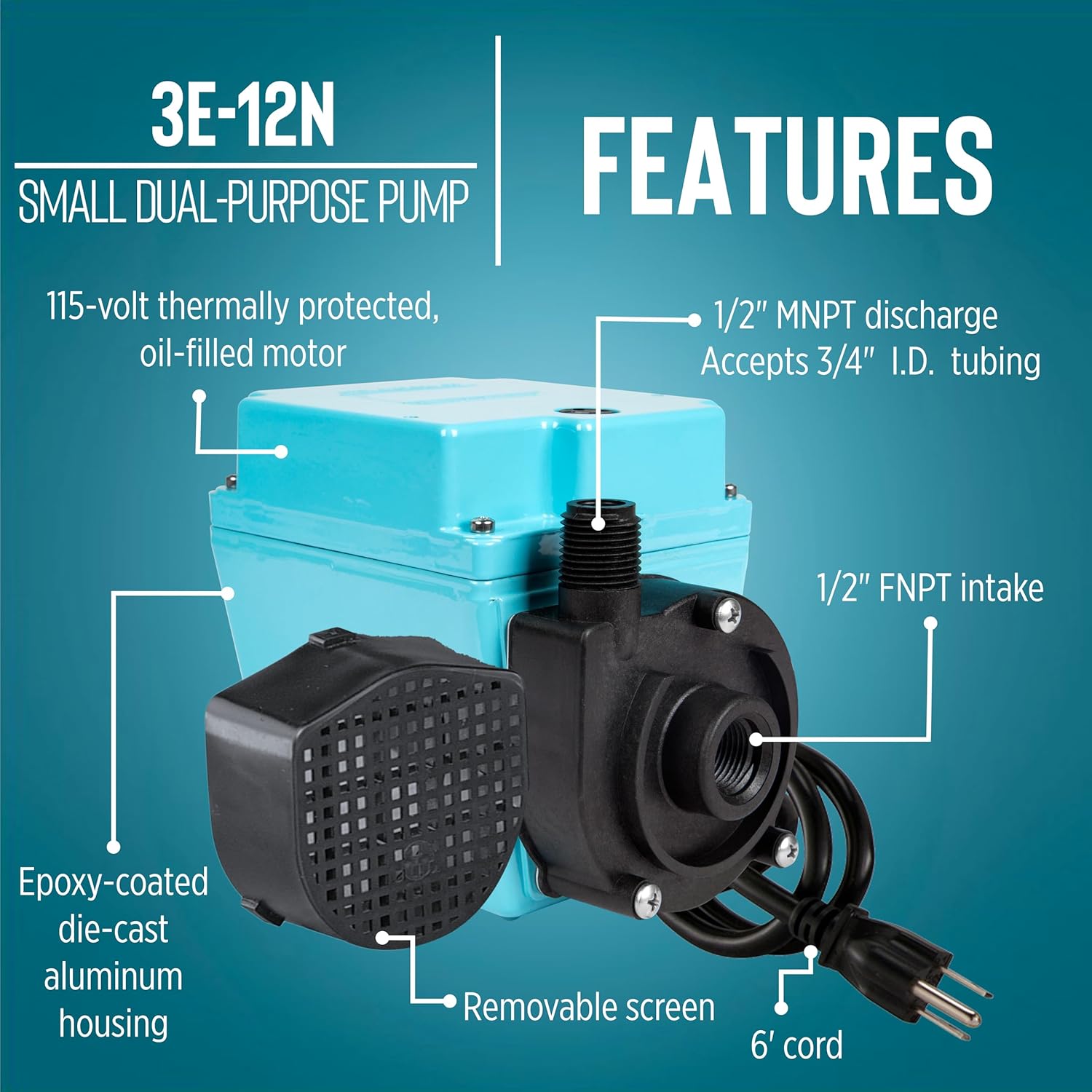 Little Giant 3E-12N, 115-Volt, 1/15 HP 500 GPH Oil-filled Direct Drive In-Line or Submersible Pump with 6-ft. Cord, Blue, 503103