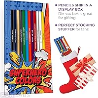 Vista 4 de Lápices de colores de superhéroes – Juego de 12 lápices de parodia con temática de superhéroes con referencias inteligentes con sello de papel