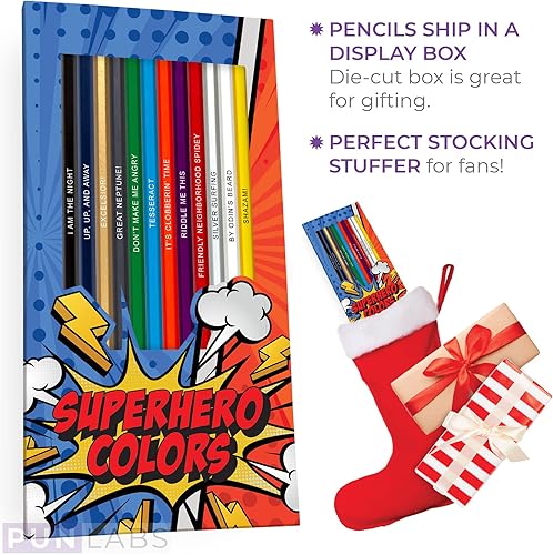 Miniatura 4 de Lápices de colores de superhéroes  Juego de 12 lápices de parodia con temática de superhéroes con referencias inteligentes con sello de papel de