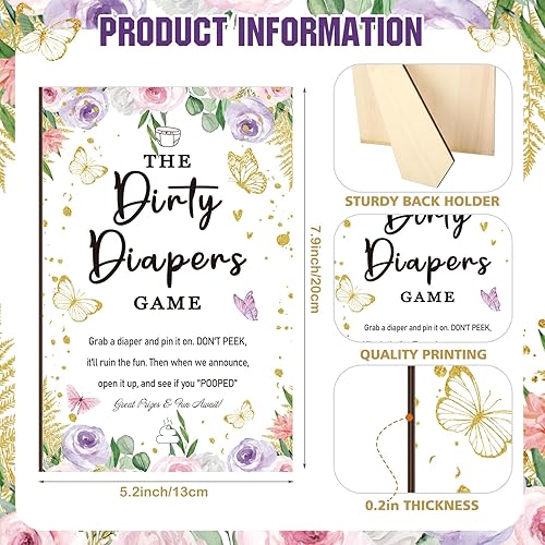 Miniatura 3 de BBTO 51 piezas de pañales sucios de madera, letrero de juego para baby shower, letrero de instrucciones de pañal sucio, 50 piezas de mini pañales de