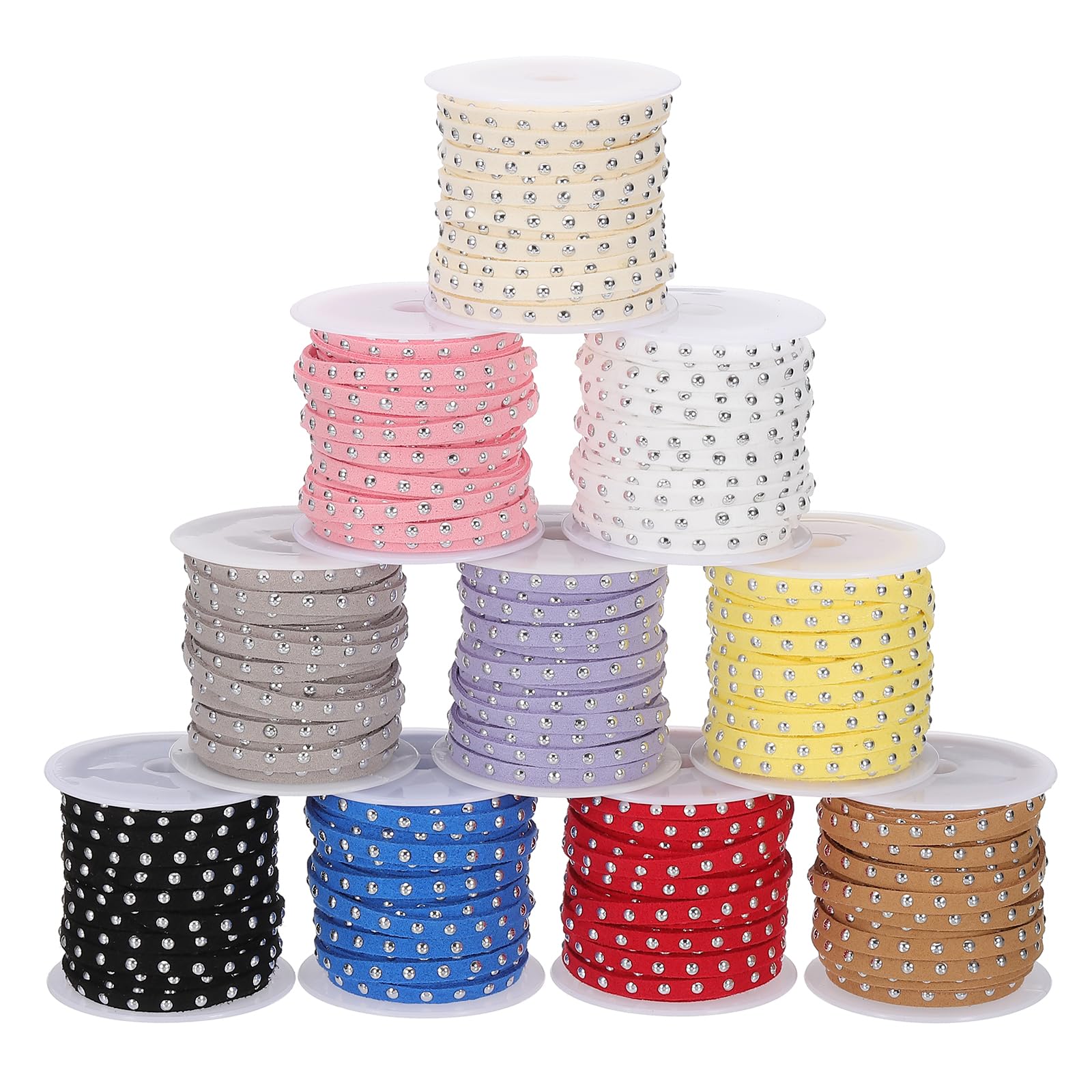 PATIKIL 54.7 Yards Studded Faux Suede Cord Rope for Jewelry Making 10 Pack Each 5 Meter 5mm Micro Fibre Flat Leather Lace Beading String Ribbon with Silver Rivets