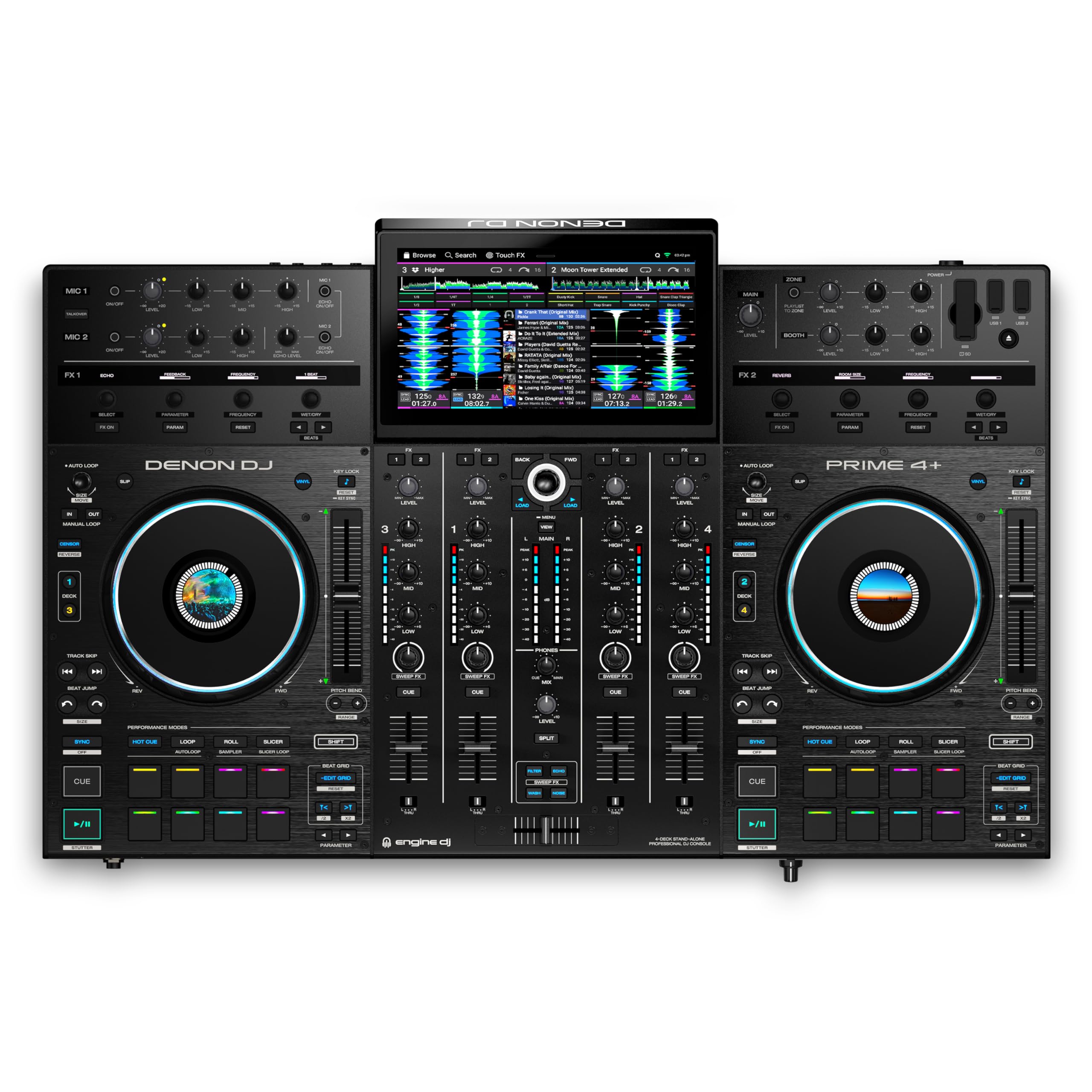Denon DJ PRIME 4+ Controller 4-Deck Stem Separation Wi-Fi Mixer Drop Sampler 10.1" Touchscreen Luci Nero