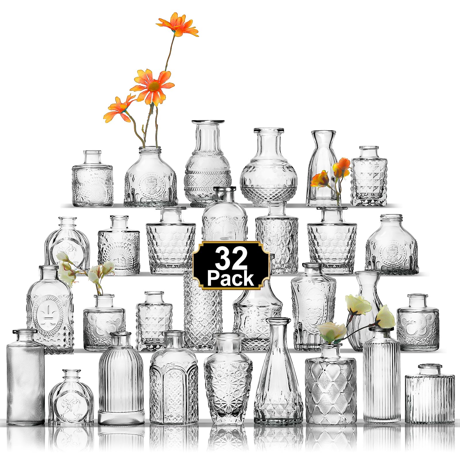 Aheroi 32 Pcs Bud Vase Set, Clear Vases for Centerpieces, Cute Glass Bud Vases Small Vases for Flowers, Mini Vase Flower Vase Set for Wedding Decorations, Room Office Table Decor