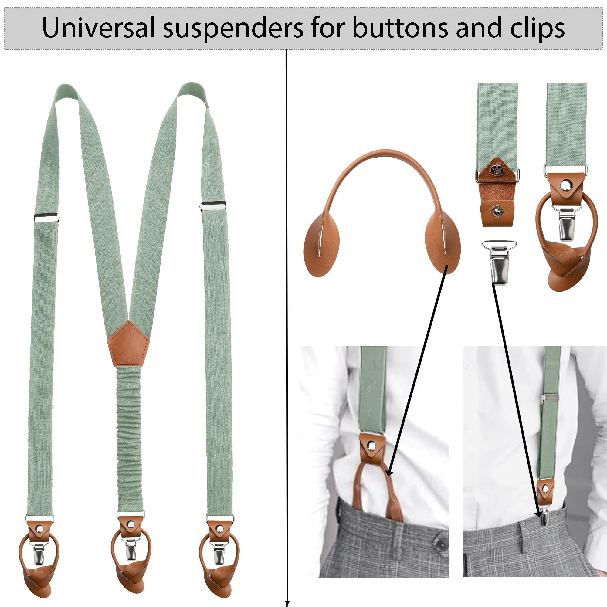 Leinen Accessoires: Fliege mit Leder, Hosenträger mit Leder, Einstecktuch, Manschettenknöpfe für Herren
