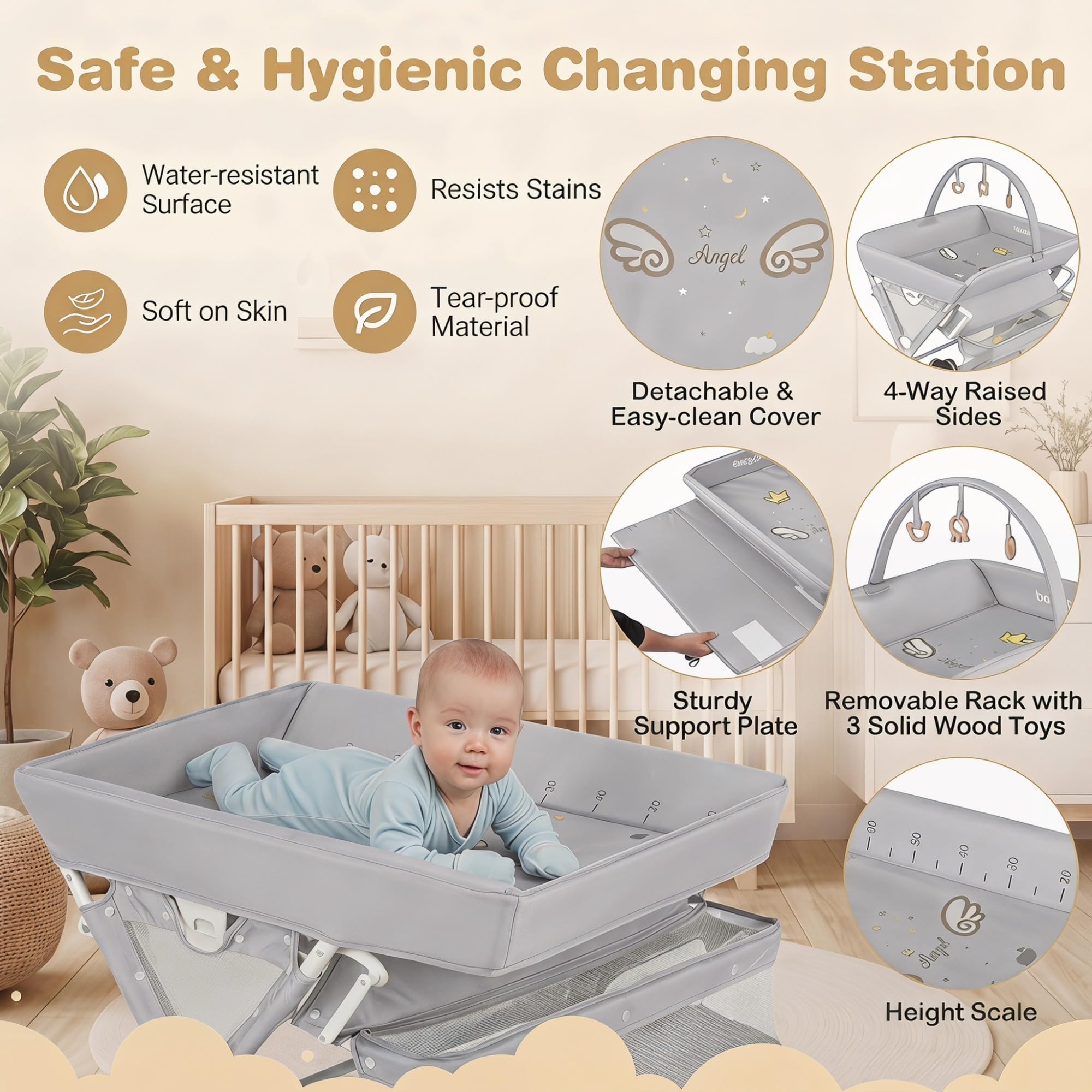 LIFEZEAL Table à Langer Pliante Réglable en Hauteur avec Rangements | Commode à Langer Portable pour Nouveau-nés et Nourrissons 0-12 Mois avec Roulettes Freinées, Arche de Jeux et Charge 25 KG